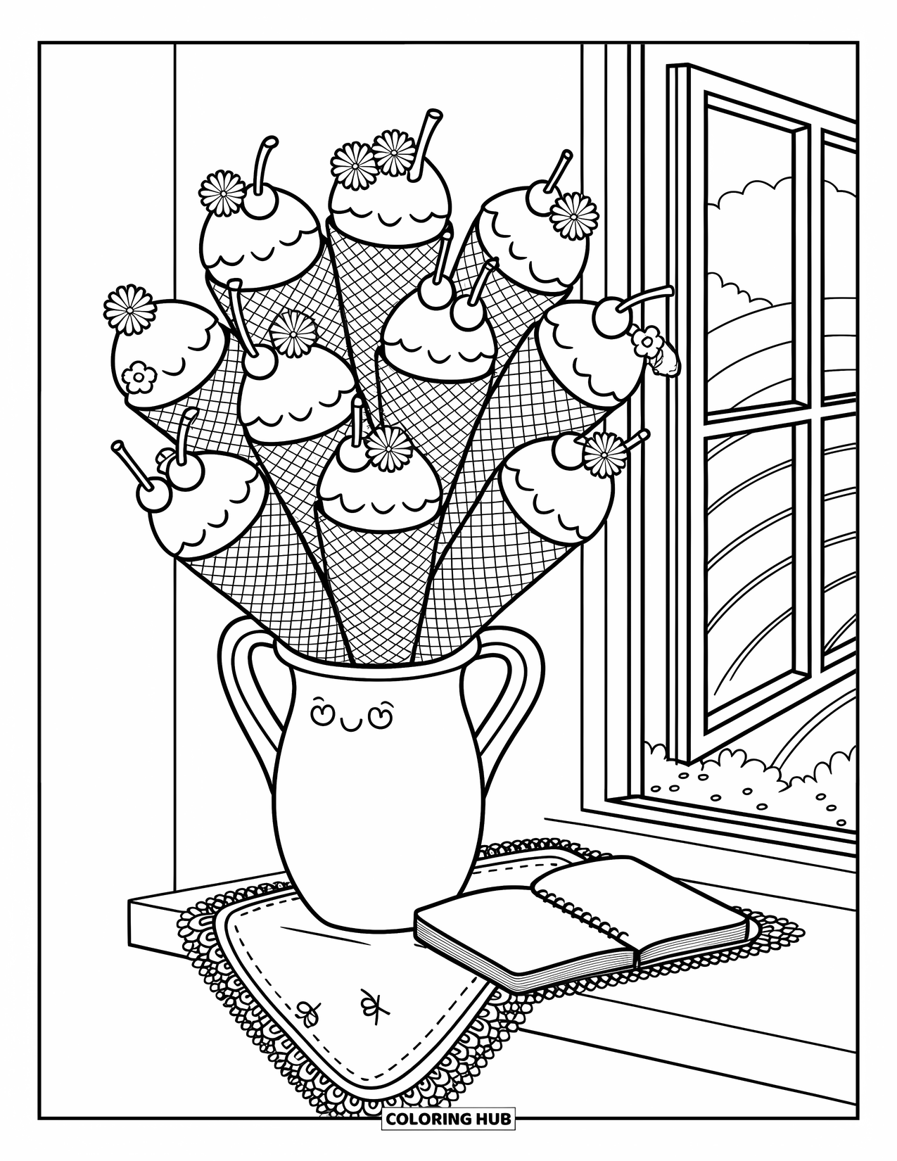 Summer Ice Cream Coloring Page for Adults: A window vase holds ice cream cones topped with cherries and chocolate curls