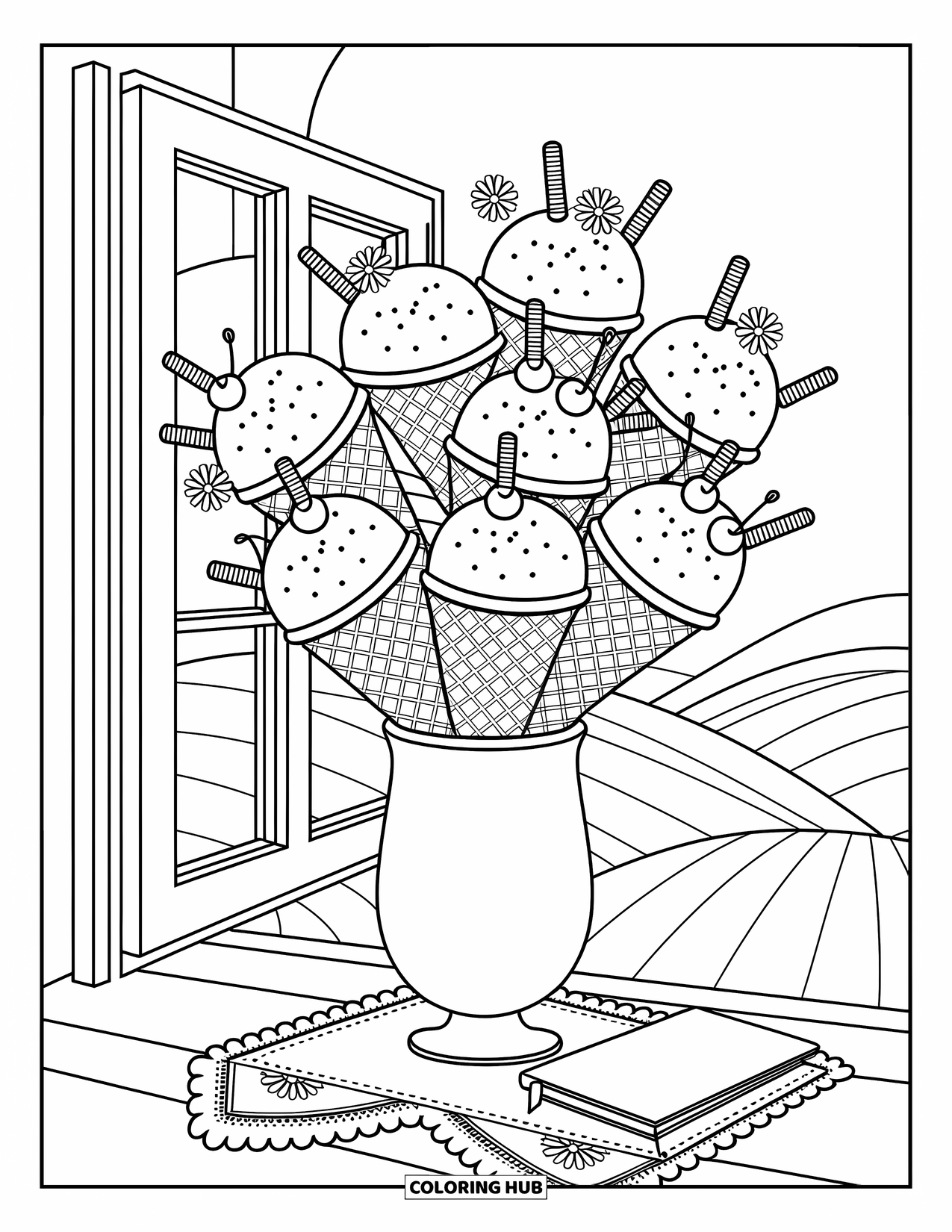 Summer Ice Cream Coloring Page for Adults: An ice cream bouquet glows in sunlight beside a notebook on a window ledge