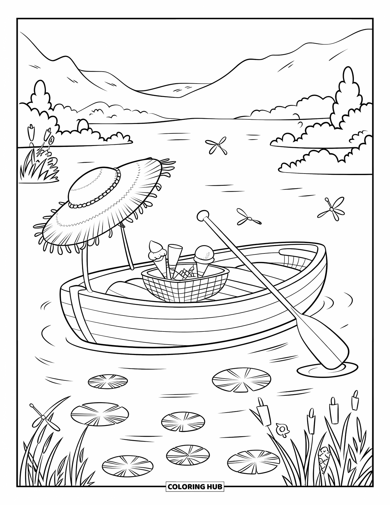 Summer Ice Cream Coloring Page for Kids: A calm lake boat carries sundaes, cones, and a sunhat under dragonflies