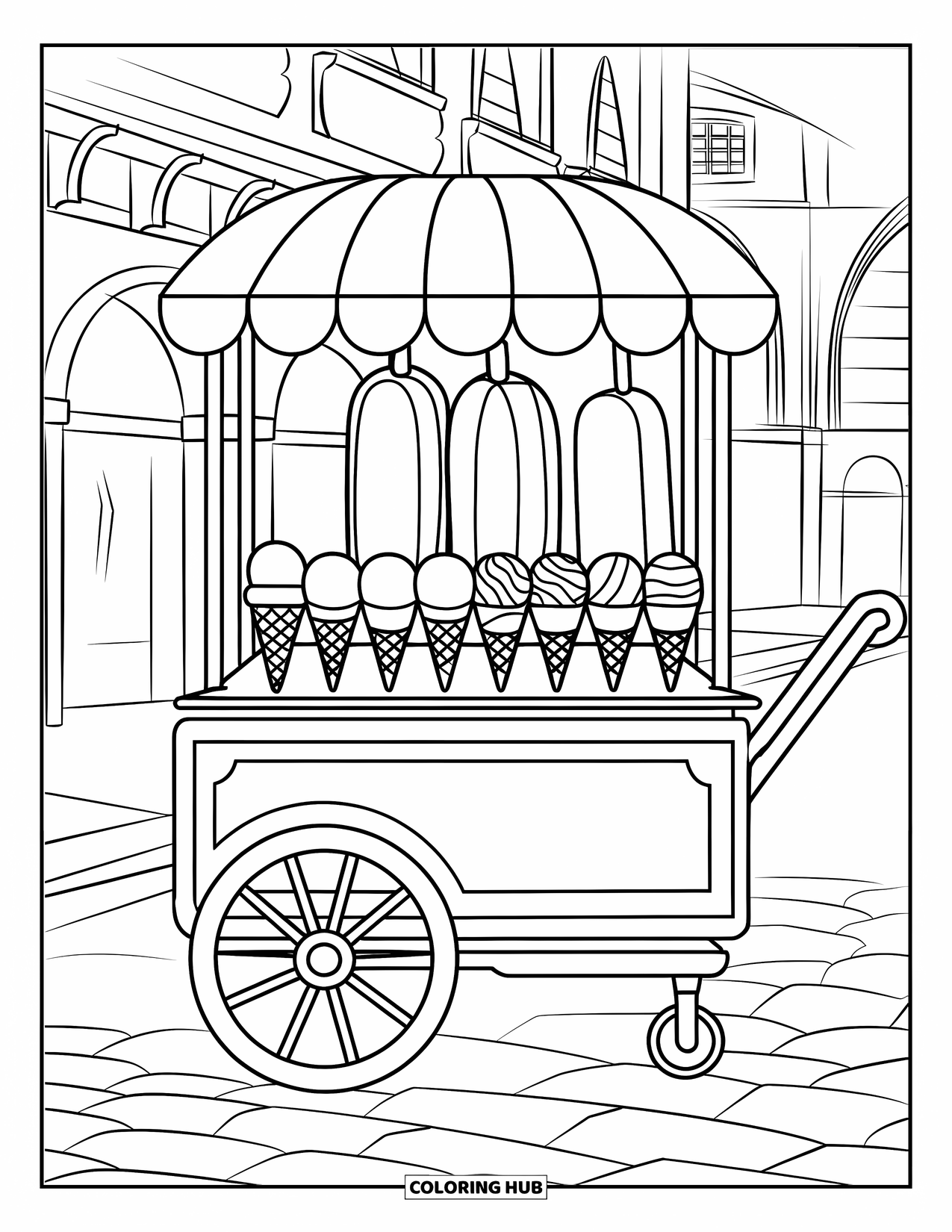 Summer Ice Cream Coloring Page for Kids: A cheerful ice cream cart filled with cones and popsicles on a street