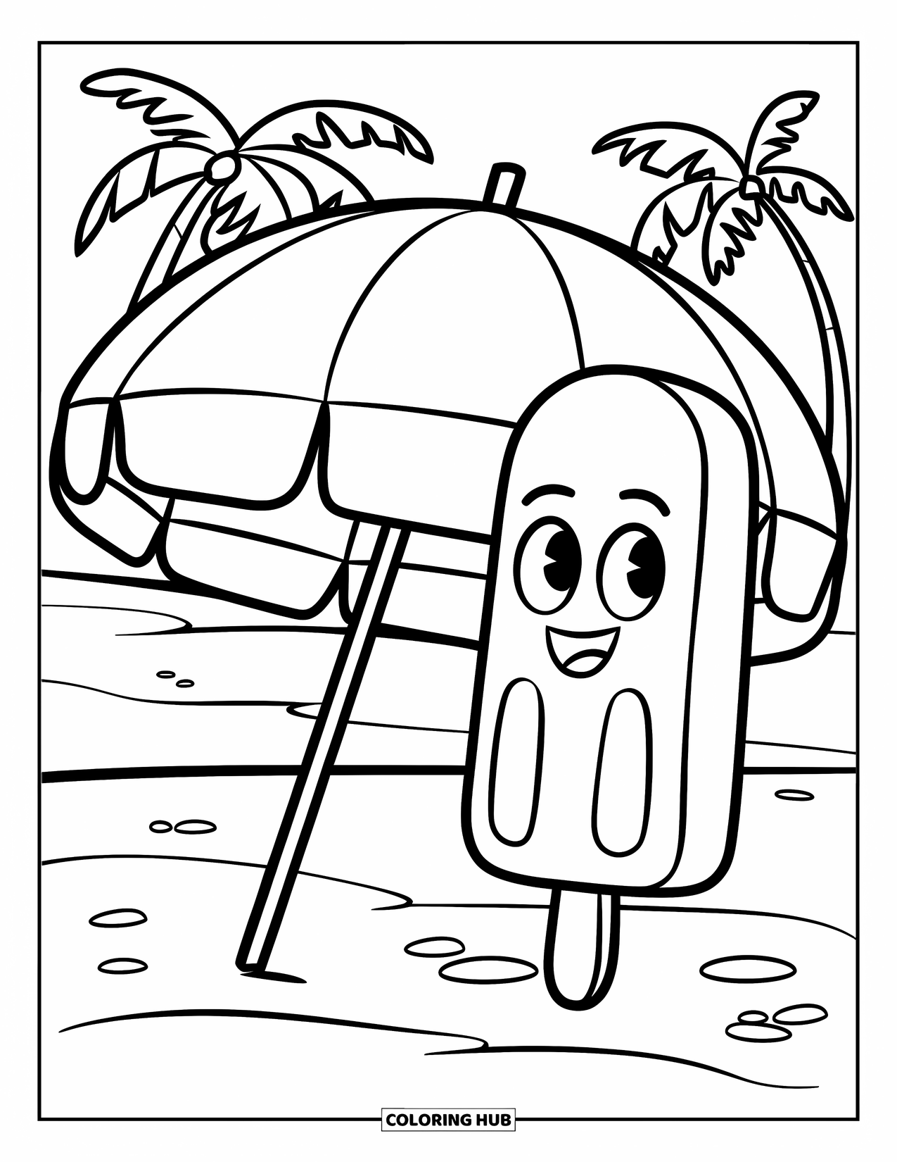 Summer Ice Cream Coloring Page for Kids: A cheerful popsicle smiles beside a big umbrella and palm trees