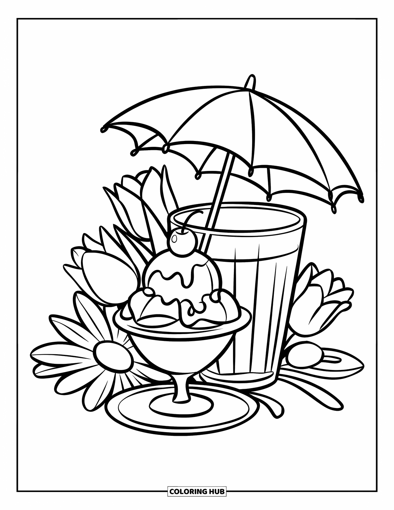 Summer Ice Cream Coloring Page for Kids: A cheerful sundae with flowers and a little umbrella looks refreshing