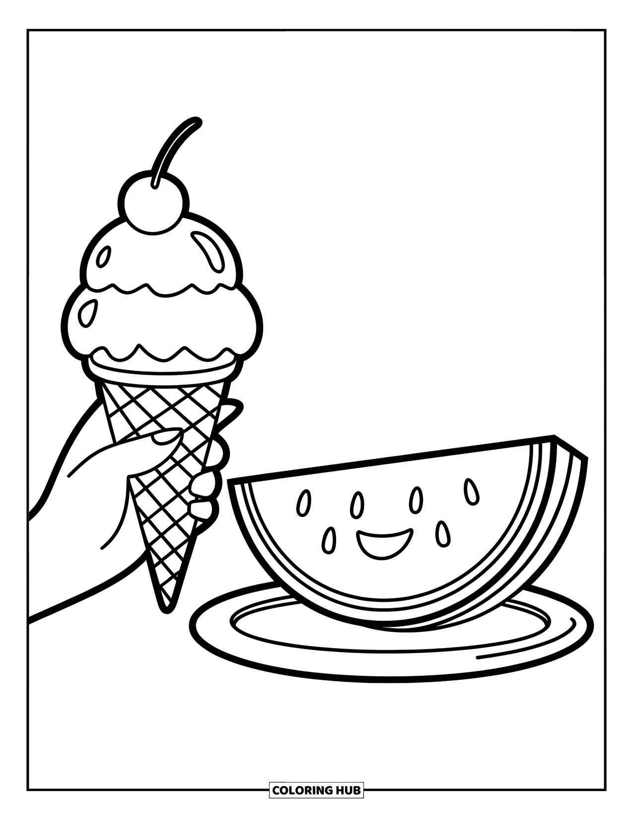 Summer Ice Cream Coloring Page for Kids: A cone with a cherry and a watermelon slice share a sunny hello