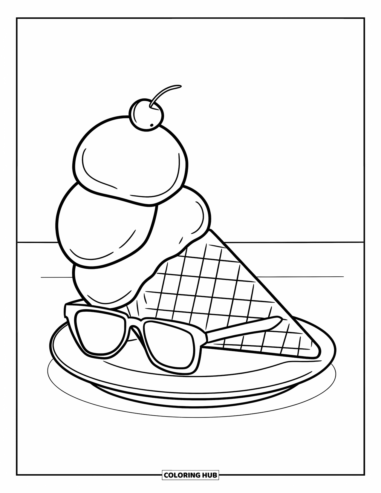 Summer Ice Cream Coloring Page for Kids: A fun ice cream cone with sunglasses and a cherry smiles happily