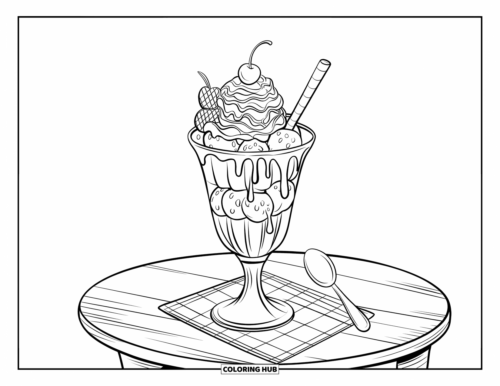 Summer Ice Cream Coloring Page for Kids: A layered sundae with whipped cream and syrup rests beside a spoon