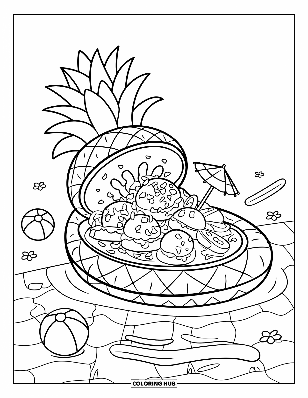 Summer Ice Cream Coloring Page for Kids: A pineapple float carries a tropical sundae across sparkling pool water