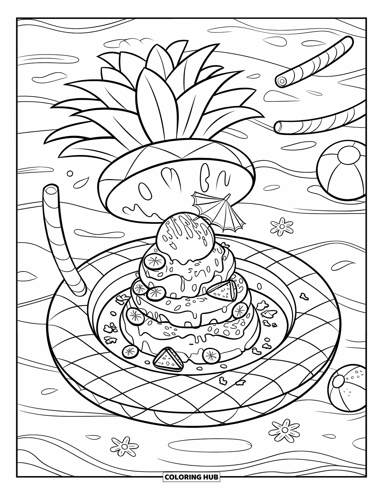 Summer Ice Cream Coloring Page for Kids: A pineapple float drifts with an overflowing sundae in the pool