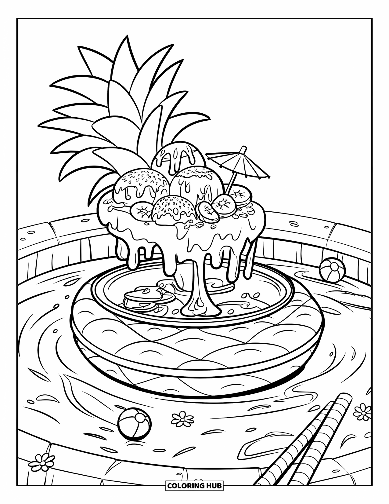 Summer Ice Cream Coloring Page for Kids: A pool float holds a sundae with banana slices and a cocktail umbrella