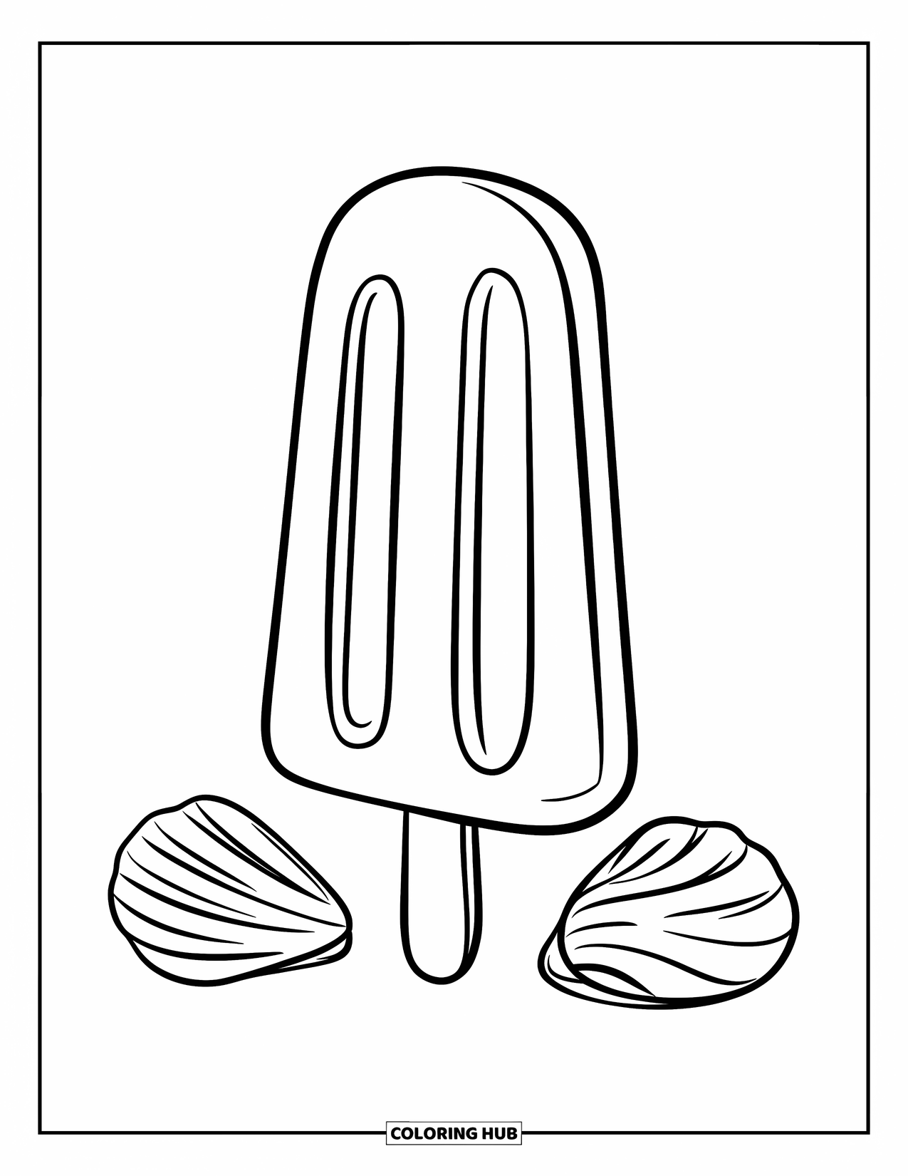 Summer Ice Cream Coloring Page for Kids: A popsicle stands tall beside two seashells on white sand