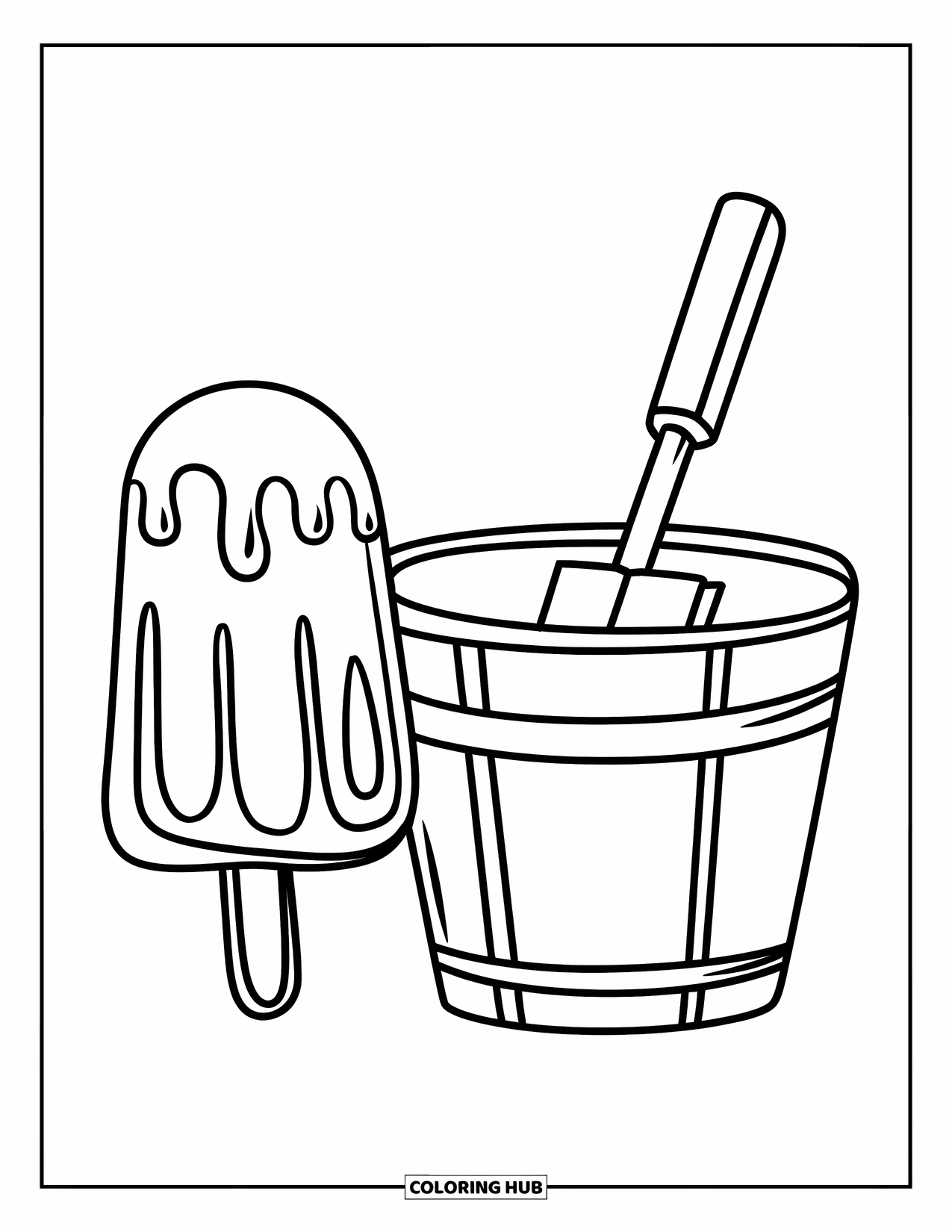 Summer Ice Cream Coloring Page for Kids: A simple popsicle sits next to a bucket and spade on the beach