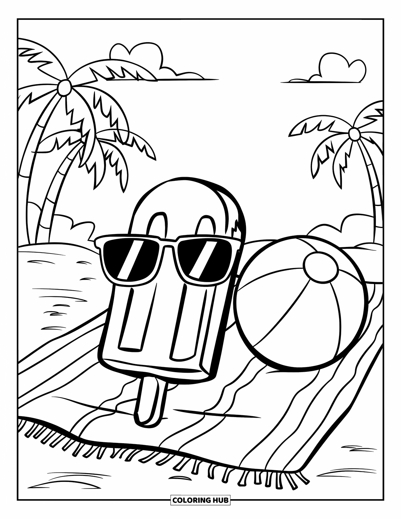 Summer Ice Cream Coloring Page for Kids: A smiling popsicle lounges on a towel beside a beach ball