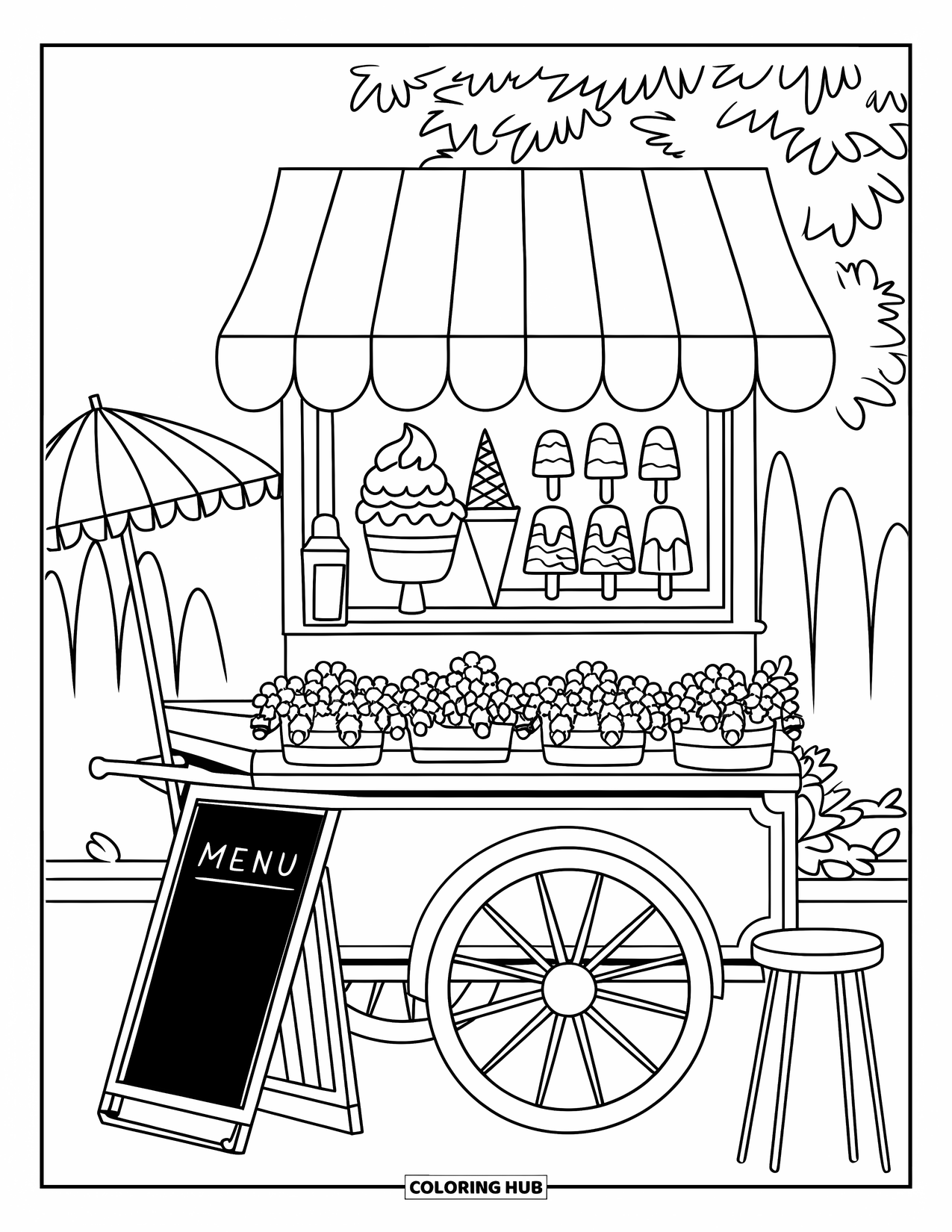 Summer Ice Cream Coloring Page for Kids: A striped ice cream cart displays colorful treats and a chalkboard menu