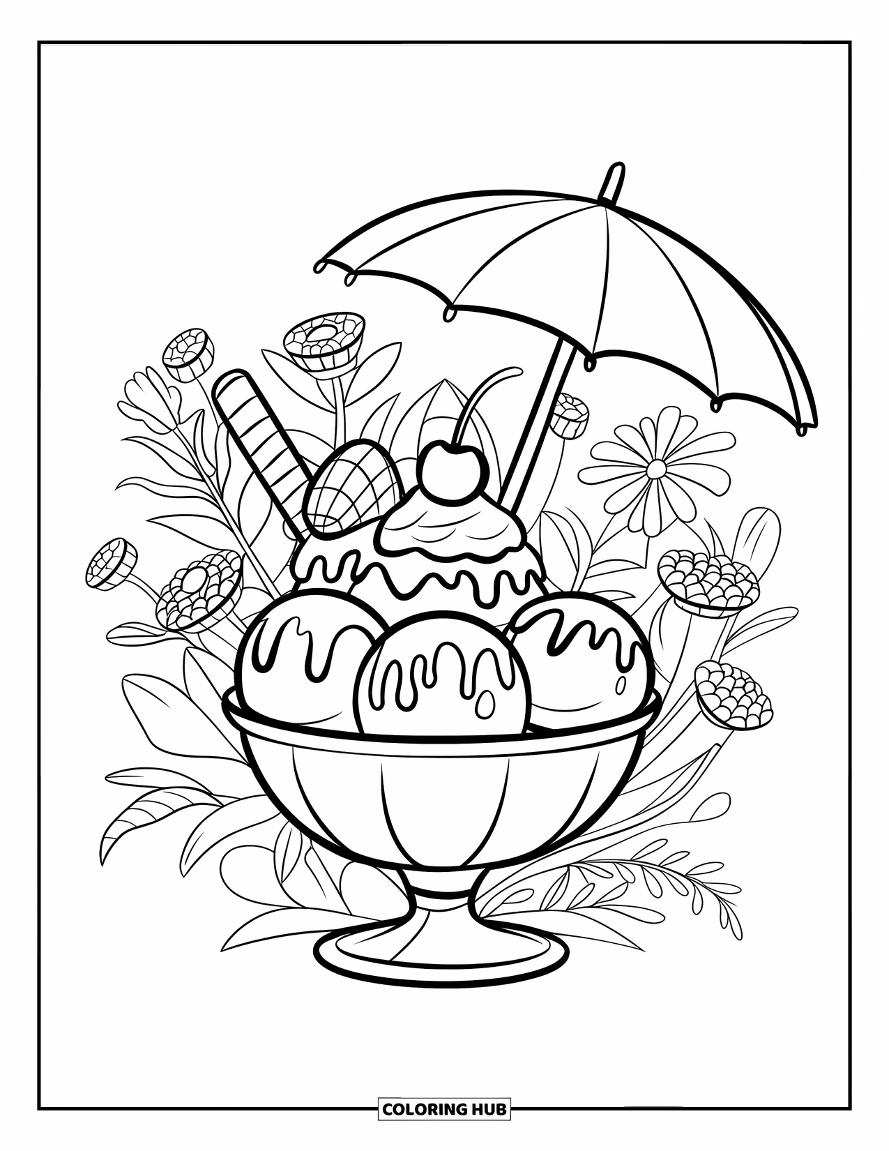 Summer Ice Cream Coloring Page for Kids: A summer sundae with an umbrella and vase of flowers beside it