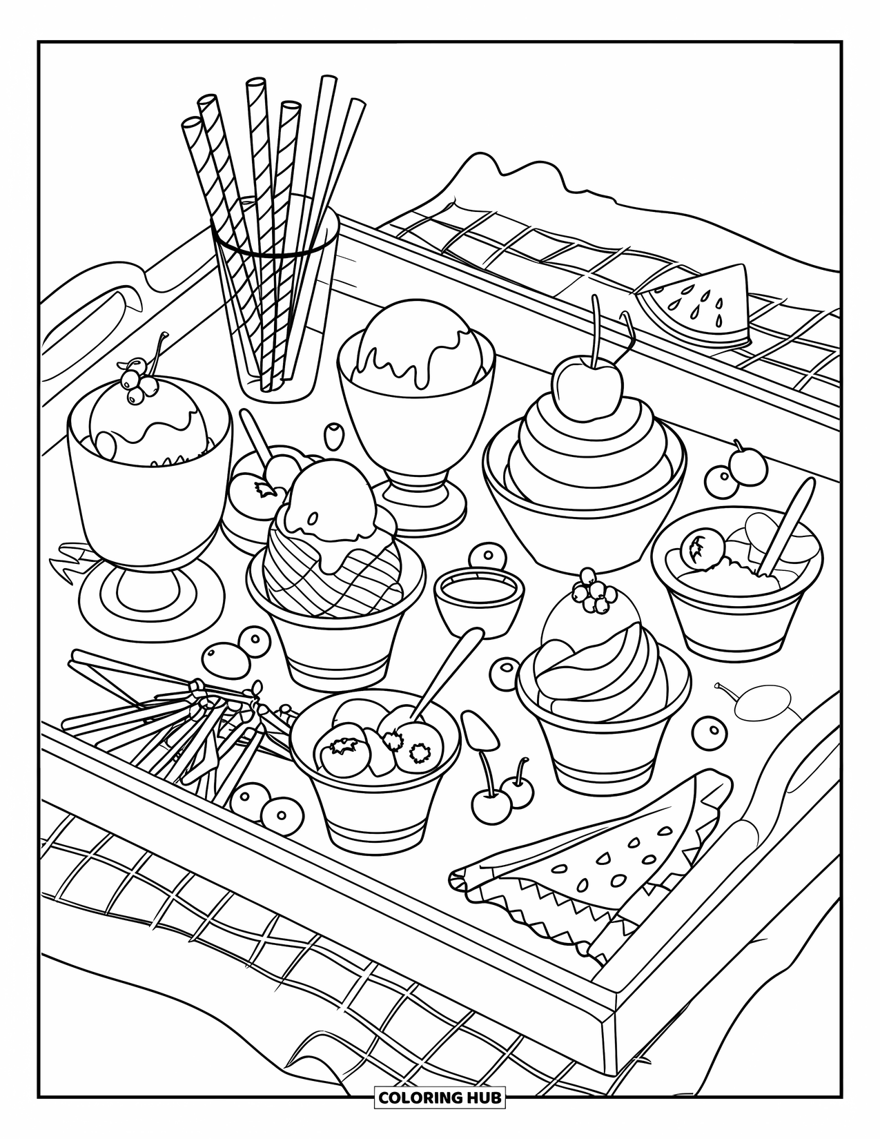Summer Ice Cream Coloring Page for Kids: A summer tray with ice cream, syrup, and fresh fruit looks inviting