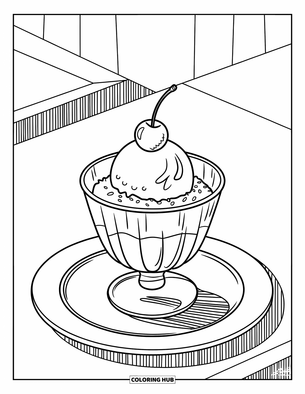 Summer Ice Cream Coloring Page for Kids: A sundae cup with a single scoop and a cherry on top