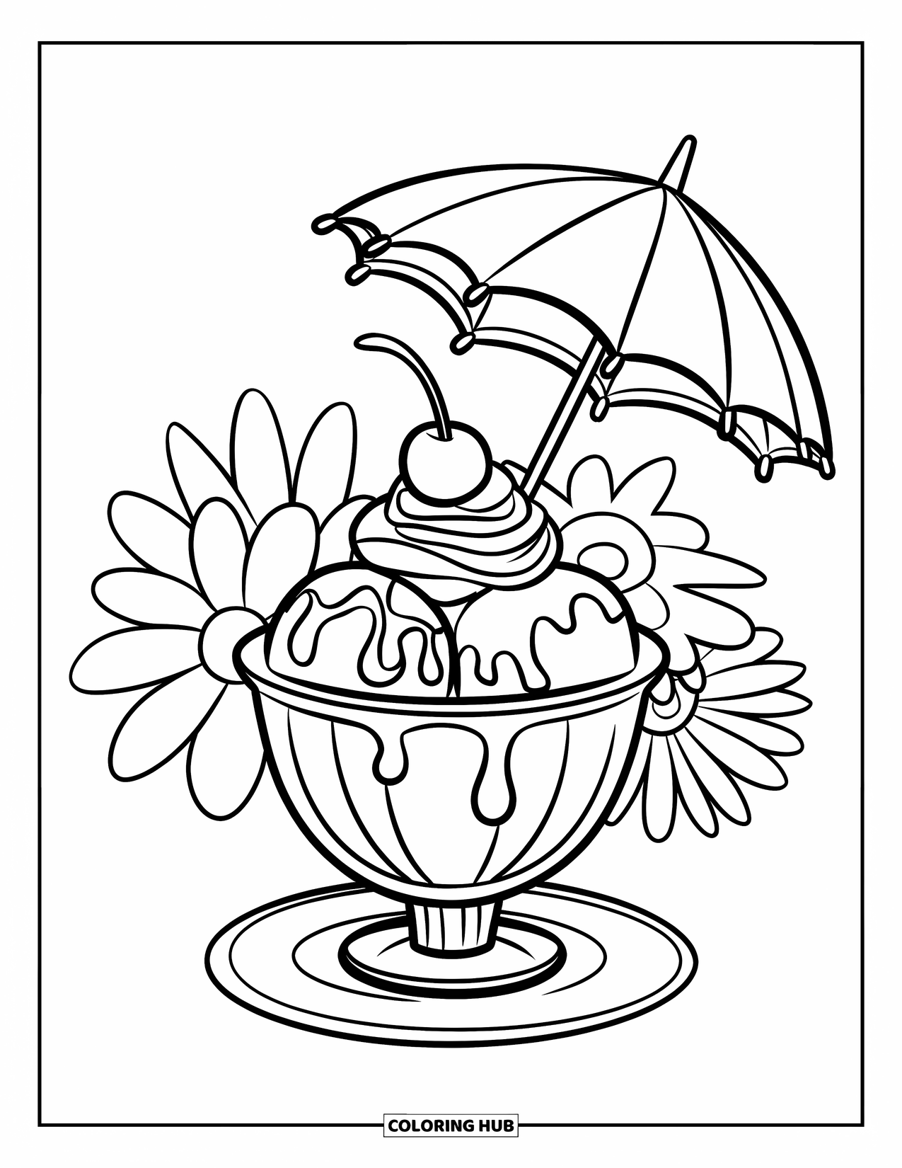 Summer Ice Cream Coloring Page for Kids: A sundae in a bowl with whipped cream and flowers under an umbrella