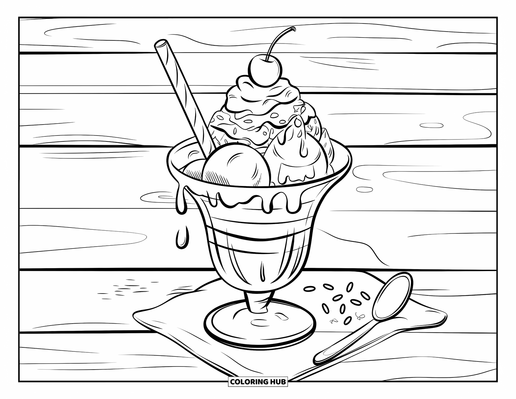 Summer Ice Cream Coloring Page for Kids: A sundae with scoops, syrup, and a cherry sparkles on a wooden table