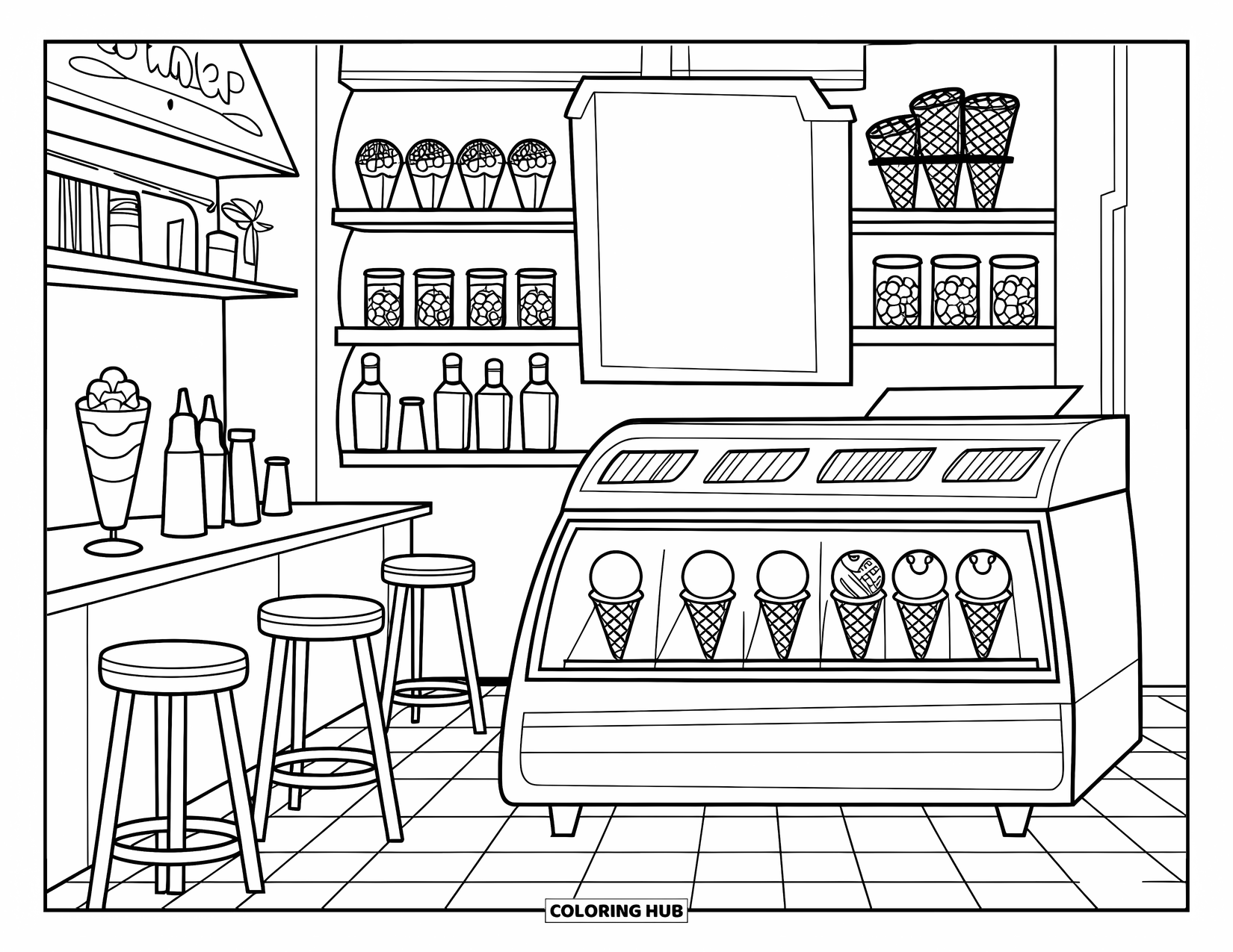 Summer Ice Cream Coloring Page for Kids: A sunny ice cream shop filled with cones, toppings, and a parfait glass