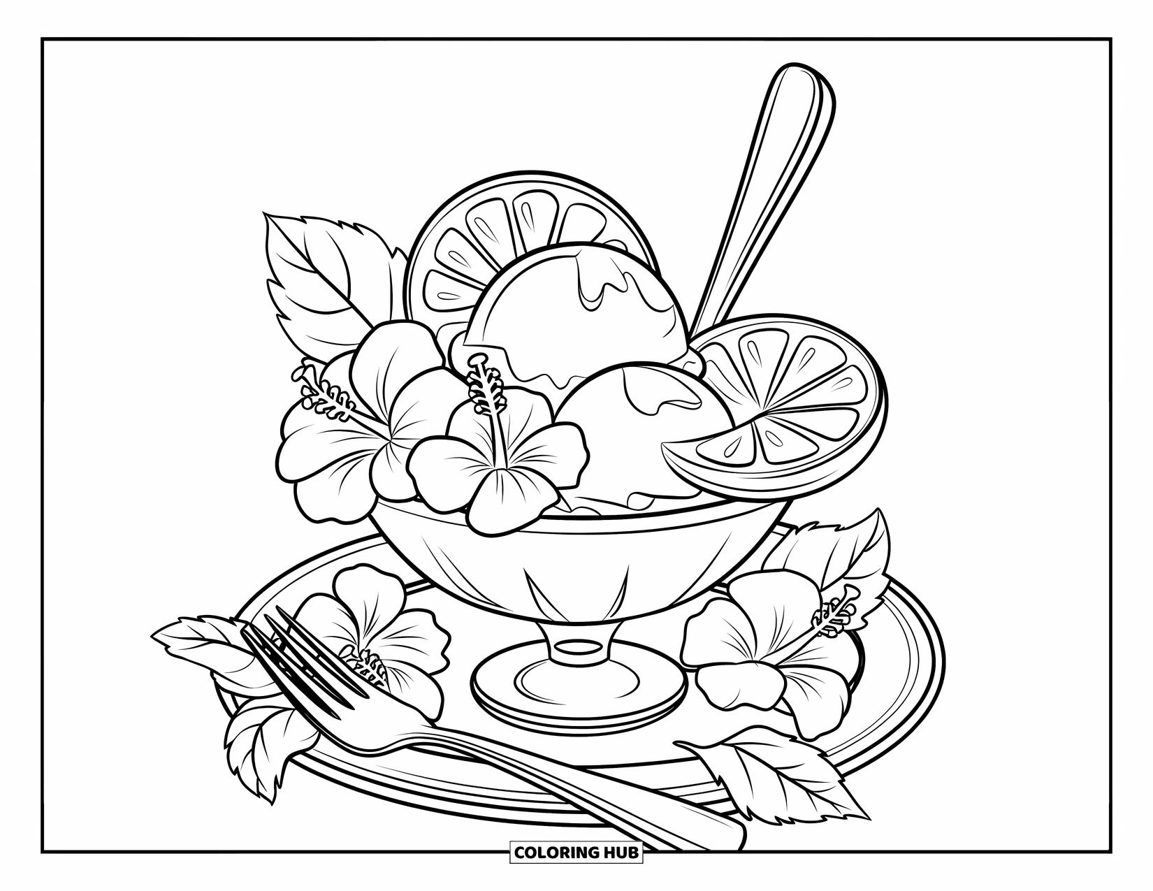 Summer Ice Cream Coloring Page for Kids: A sweet ice cream bowl with lemon slices and a spoon beside it
