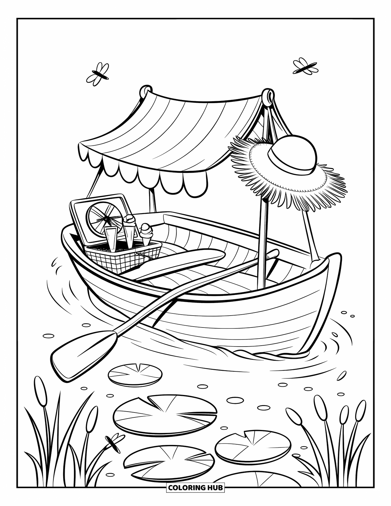 Summer Ice Cream Coloring Page for Kids: A sweet picnic boat drifts on a lake with sundaes and soft ripples
