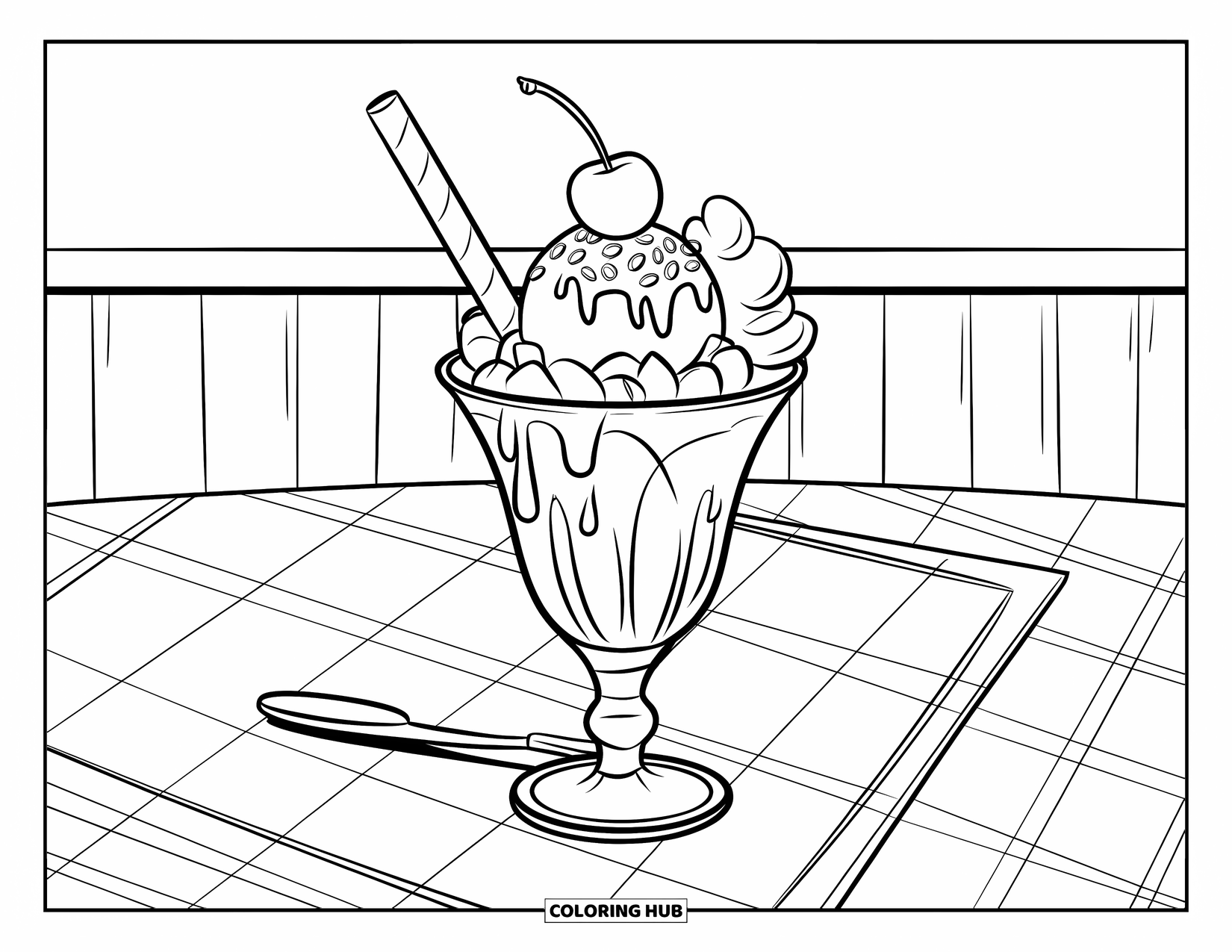 Summer Ice Cream Coloring Page for Kids: A tall sundae glass topped with whipped cream and fruit sits on a table