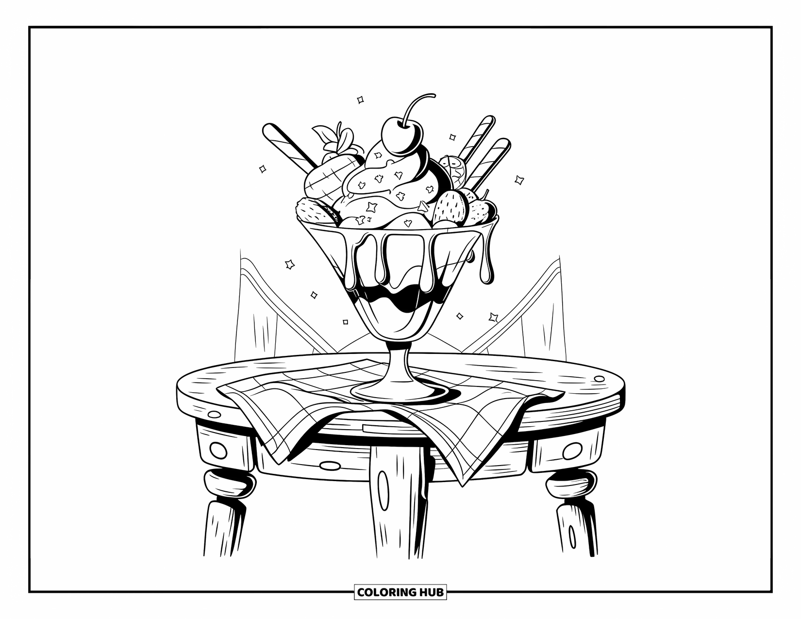 Summer Ice Cream Coloring Page for Kids: A tall sundae with fruit and syrup stands on a checkered table