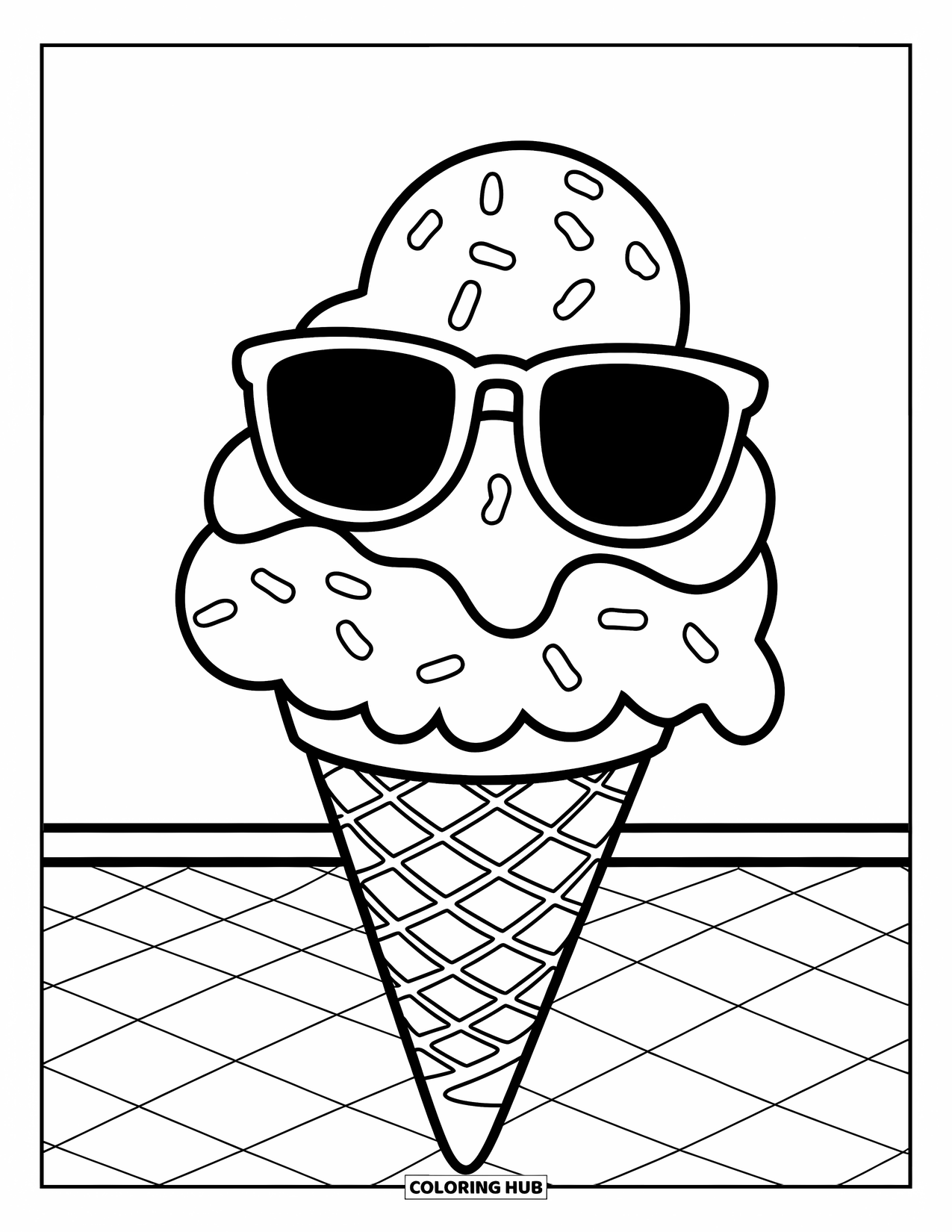 Summer Ice Cream Coloring Page for Kids: A three-scoop cone wearing sunglasses stands on a sunny surface