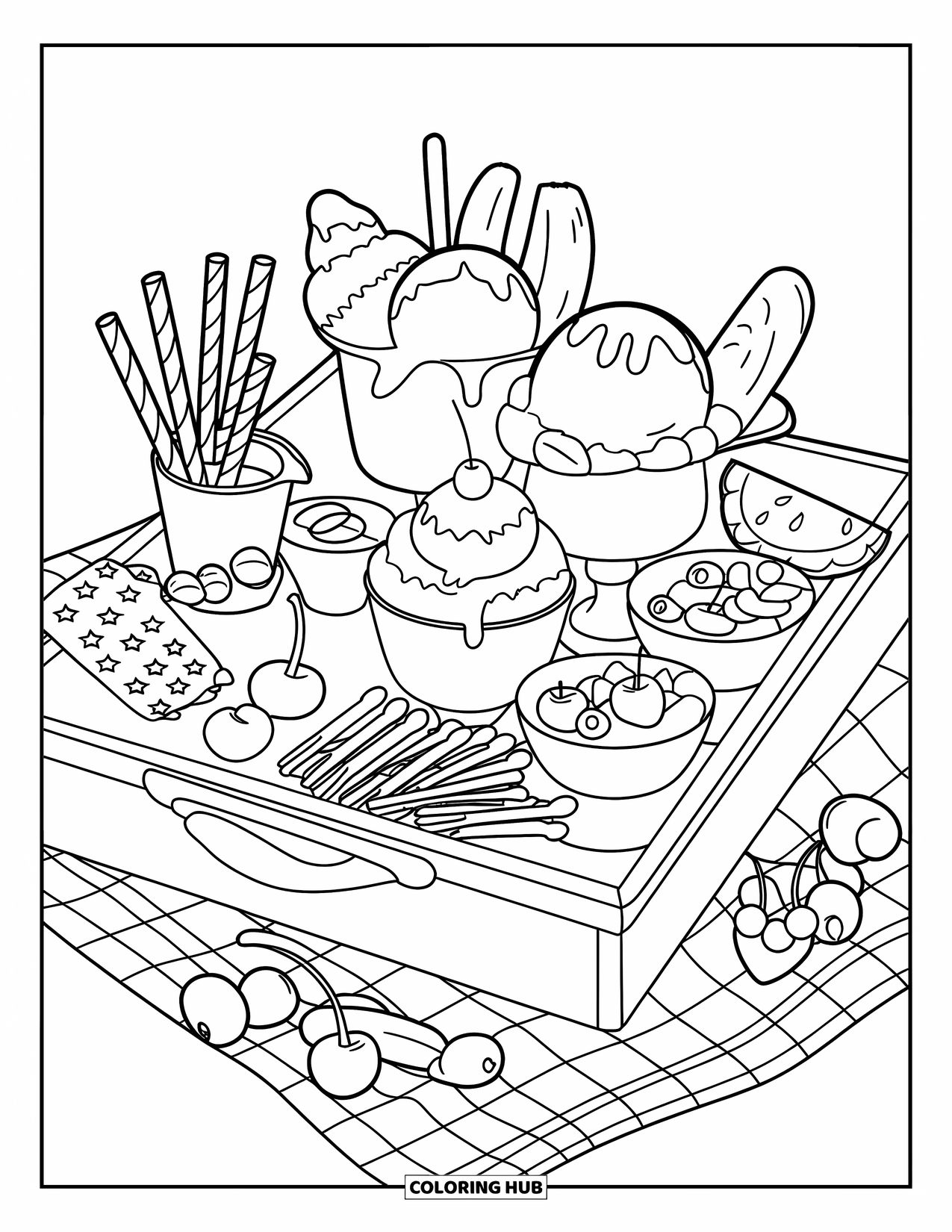Summer Ice Cream Coloring Page for Kids: A tray full of sundaes and fruits rests on a gingham picnic cloth