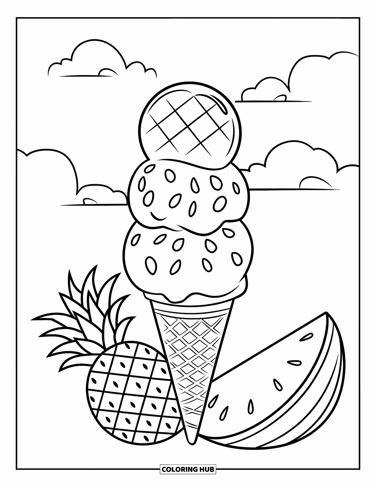 Summer Ice Cream Coloring Page for Kids: A triple-scoop cone with pineapple and watermelon beside it