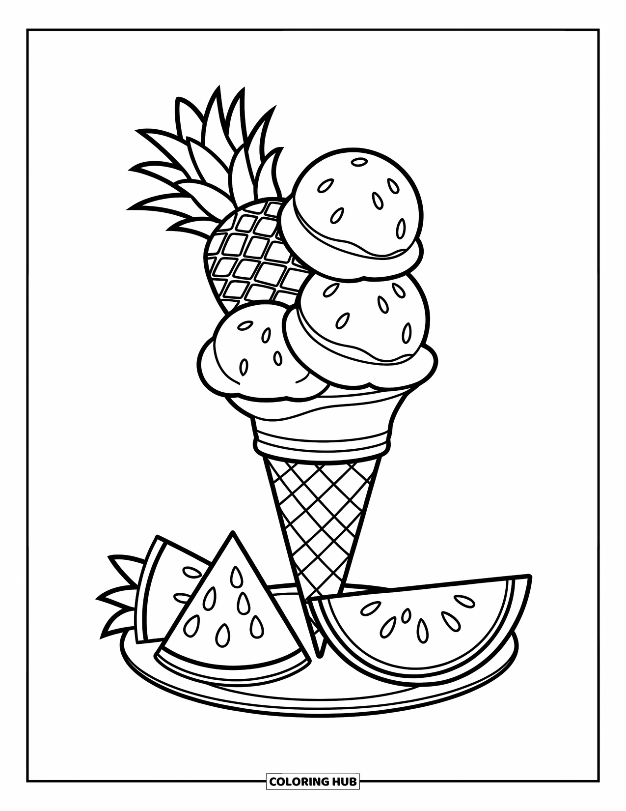Summer Ice Cream Coloring Page for Kids: A tropical ice cream cone surrounded by pineapple and watermelon slices
