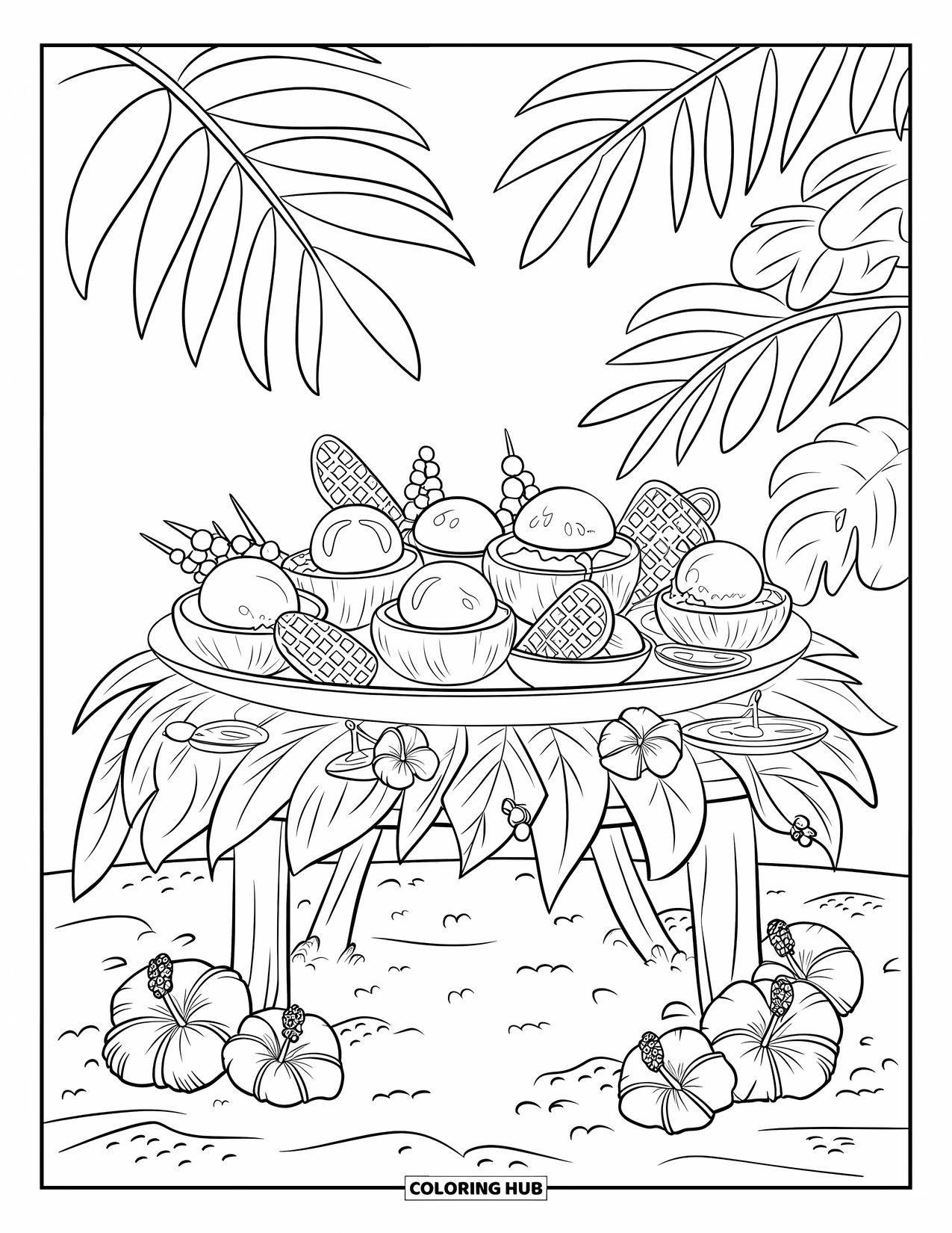 Summer Ice Cream Coloring Page for Kids: A tropical ice cream feast under palm trees with fruit and flowers