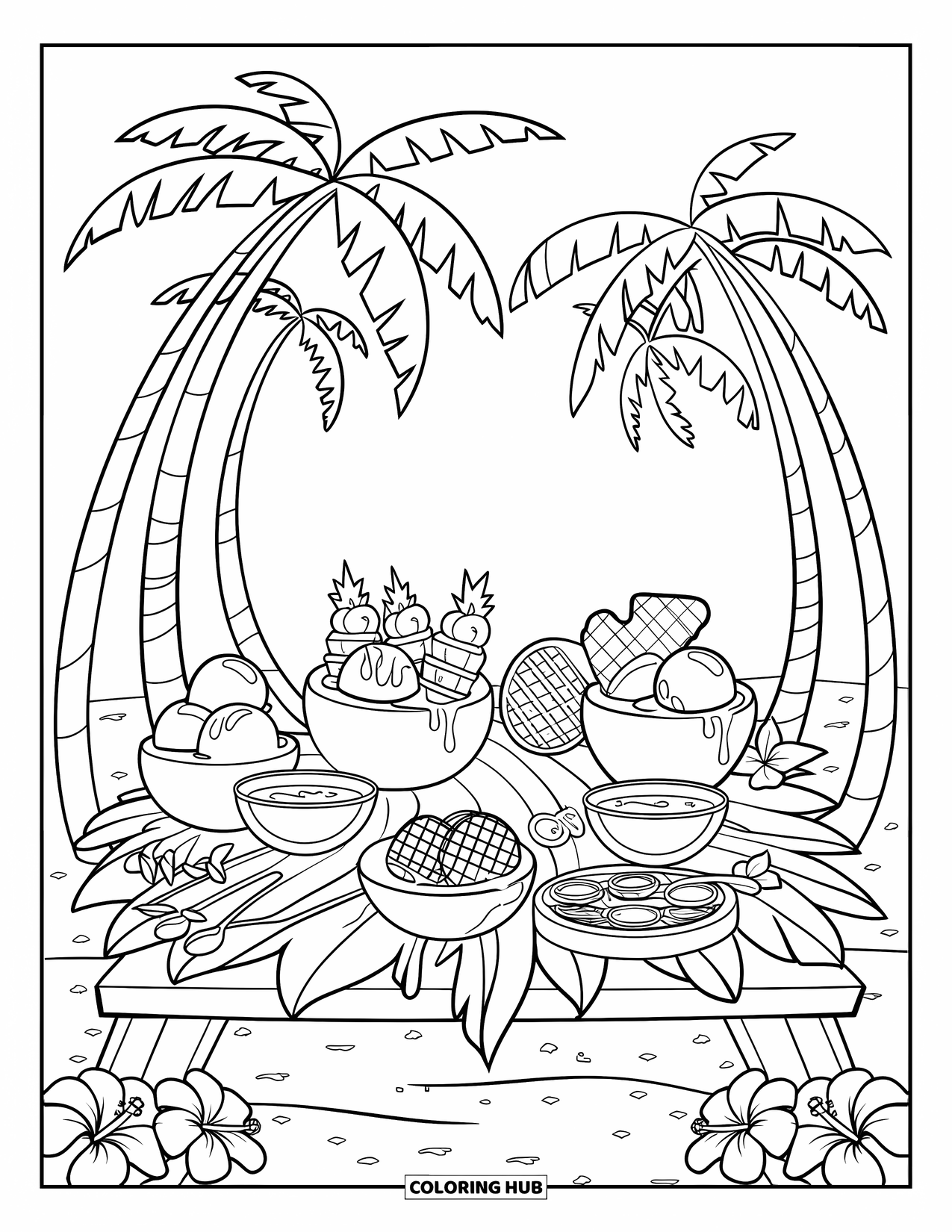 Summer Ice Cream Coloring Page for Kids: A tropical table filled with ice cream in coconuts and pineapples