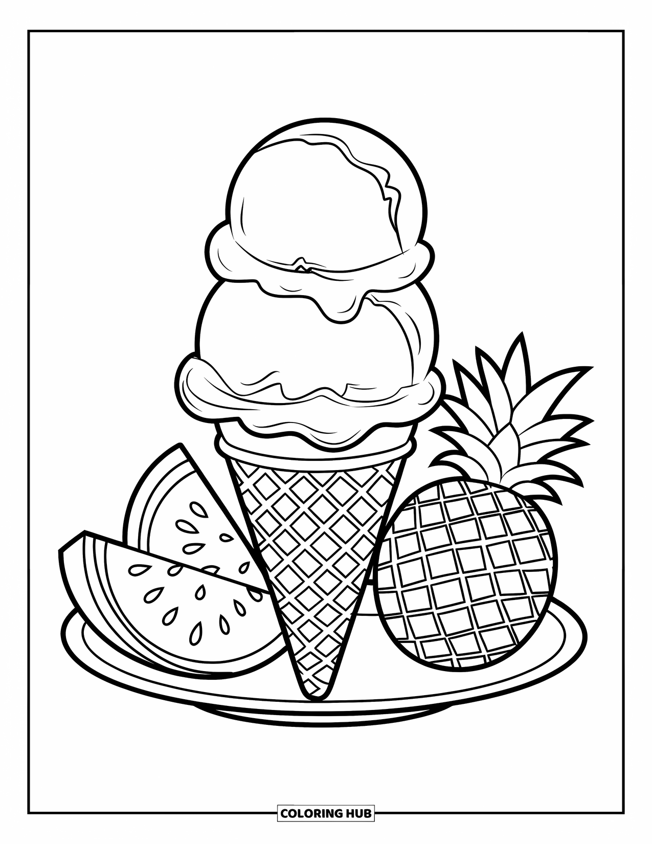 Summer Ice Cream Coloring Page for Kids: A waffle cone with fruit-flavored scoops and tropical fruit slices