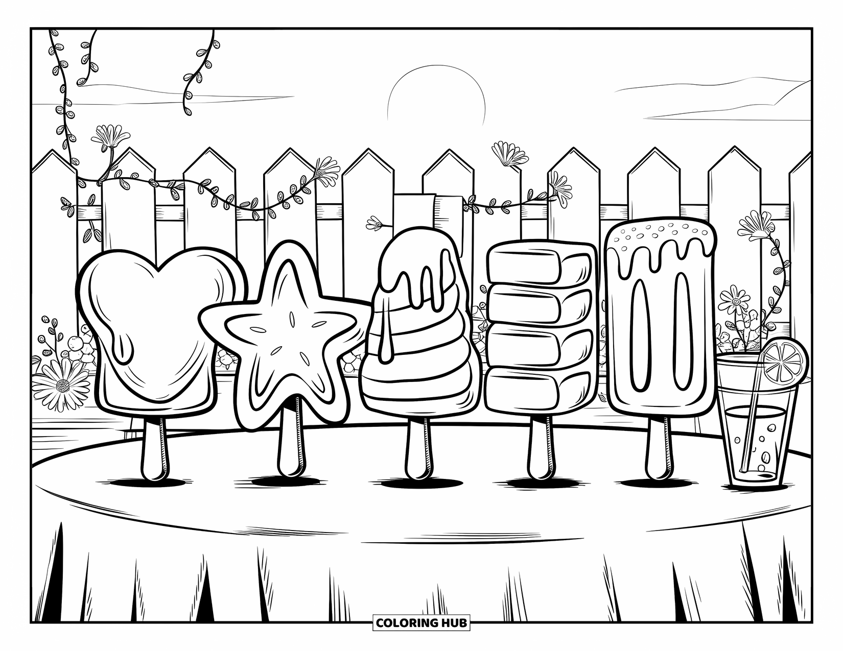 Summer Ice Cream Coloring Page for Kids: Colorful popsicles line a table under the summer sun with flowers nearby