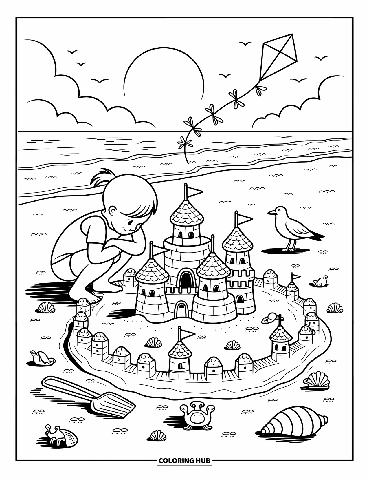 Summer Vacation Coloring Page for Adults: A beach scene with a child, sandcastle, seashells, and a soaring kite