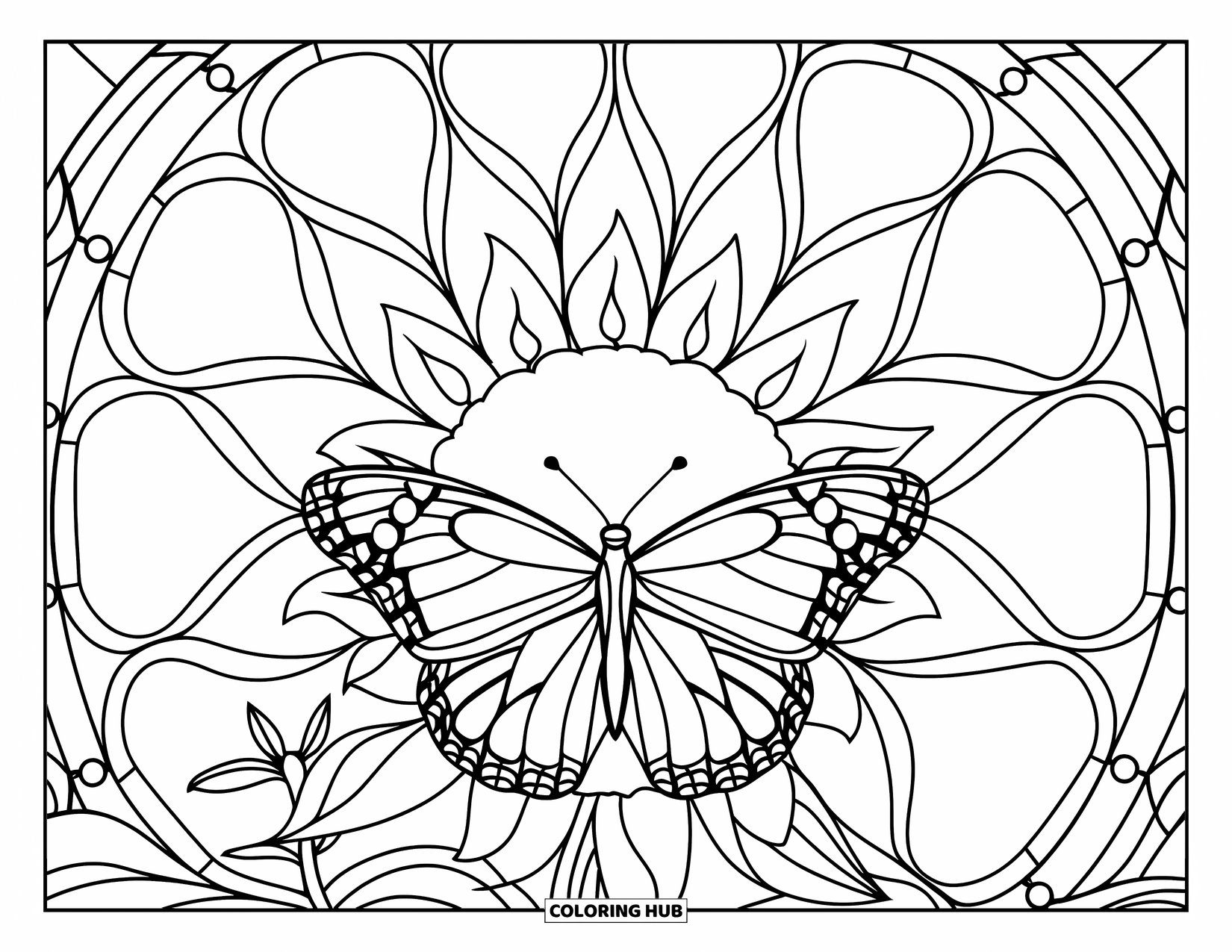 Summer Vacation Coloring Page for Adults: A butterfly rests on a sunflower framed by stained glass patterns