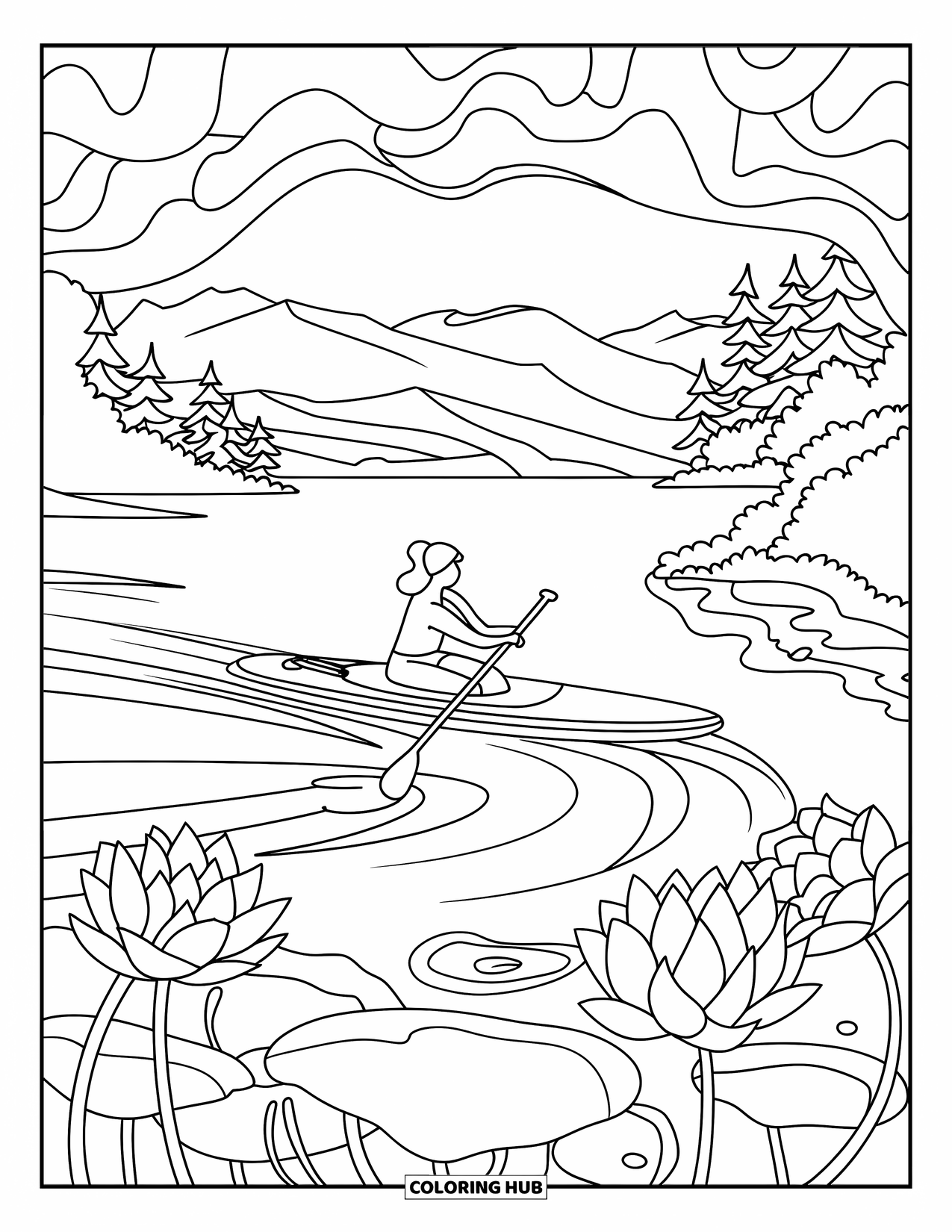 Summer Vacation Coloring Page for Adults: A calm lake scene with a paddleboarder and blooming lotus flowers