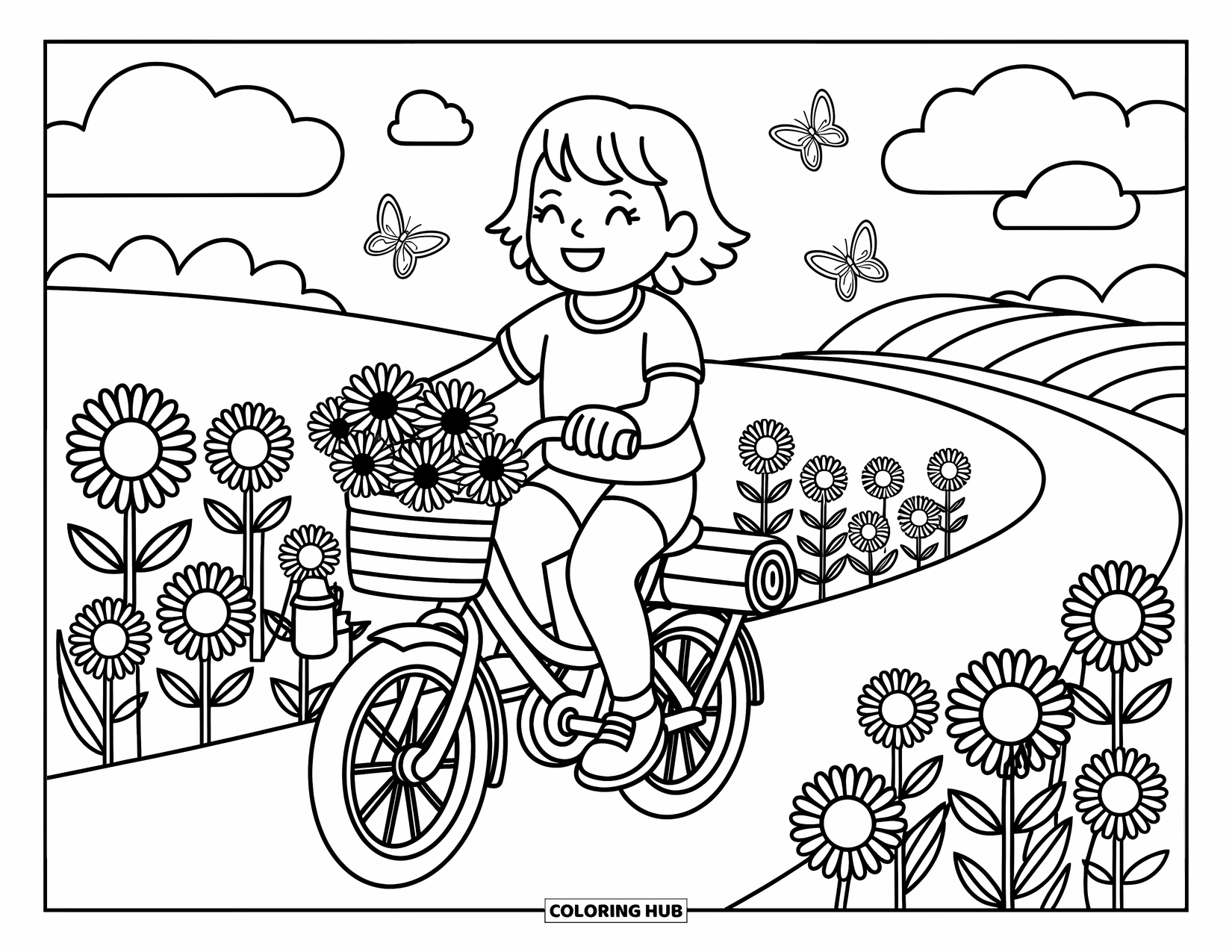 Summer Vacation Coloring Page for Adults: A carefree bike ride through bright sunflowers beneath fluffy clouds