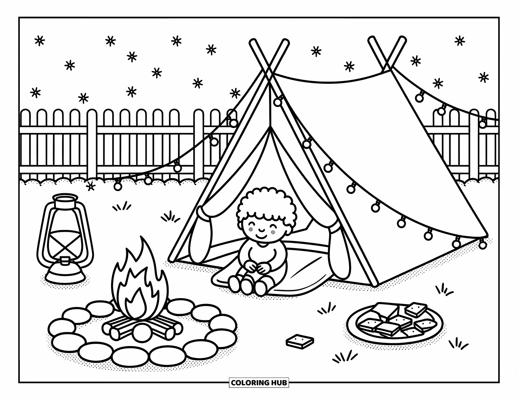 Summer Vacation Coloring Page for Adults: A child and pup sit by a campfire sharing marshmallows under twinkling lights