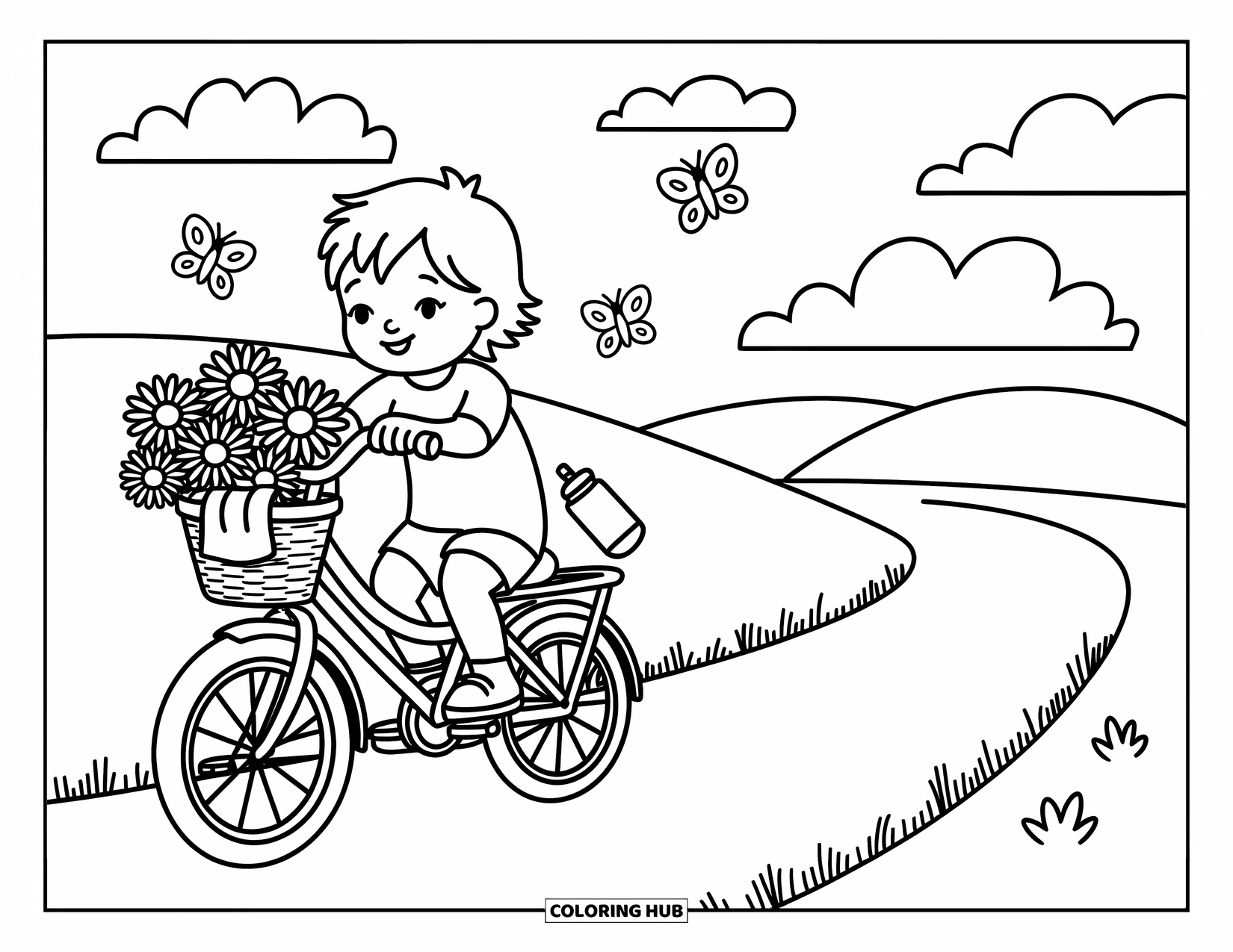 Summer Vacation Coloring Page for Adults: A child pedals down a sunny path lined with daisies and gentle hills