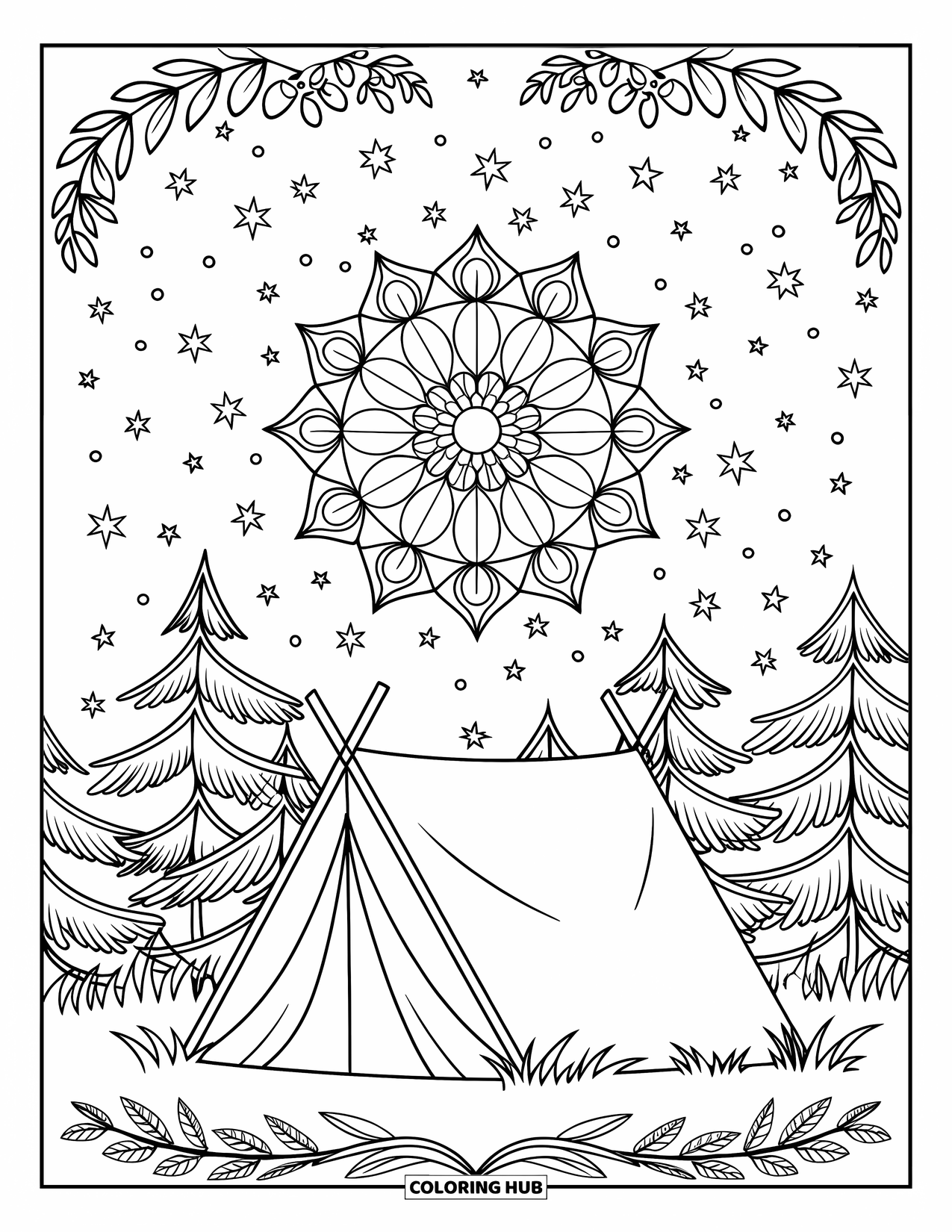 Summer Vacation Coloring Page for Adults: A cozy tent glows beneath a starry mandala sky in the woods