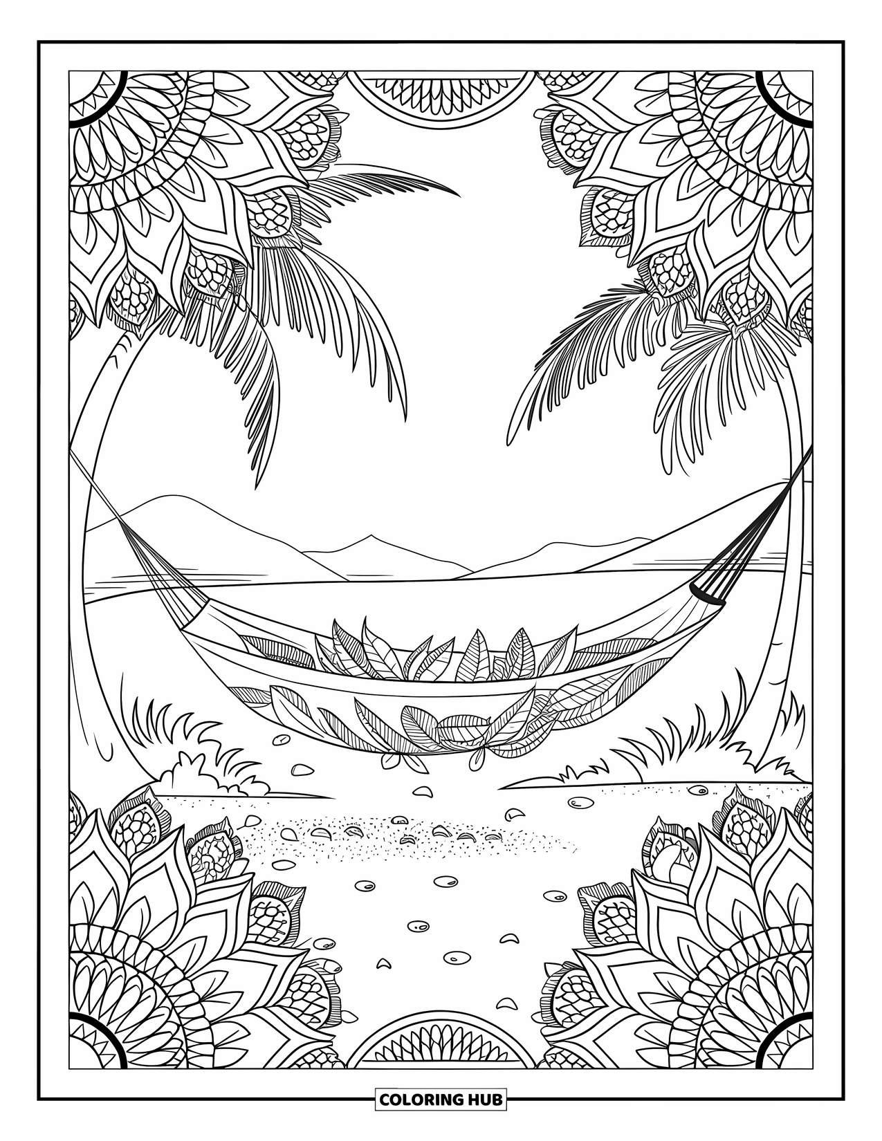 Summer Vacation Coloring Page for Adults: A hammock between palm trees surrounded by patterned leaves and mountains