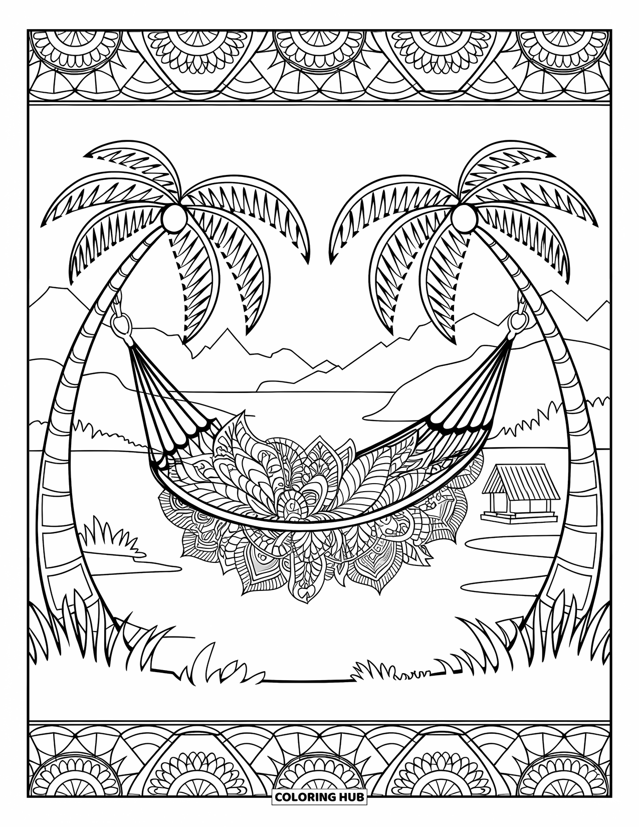 Summer Vacation Coloring Page for Adults: A hammock hangs between palm trees filled with mandala leaves