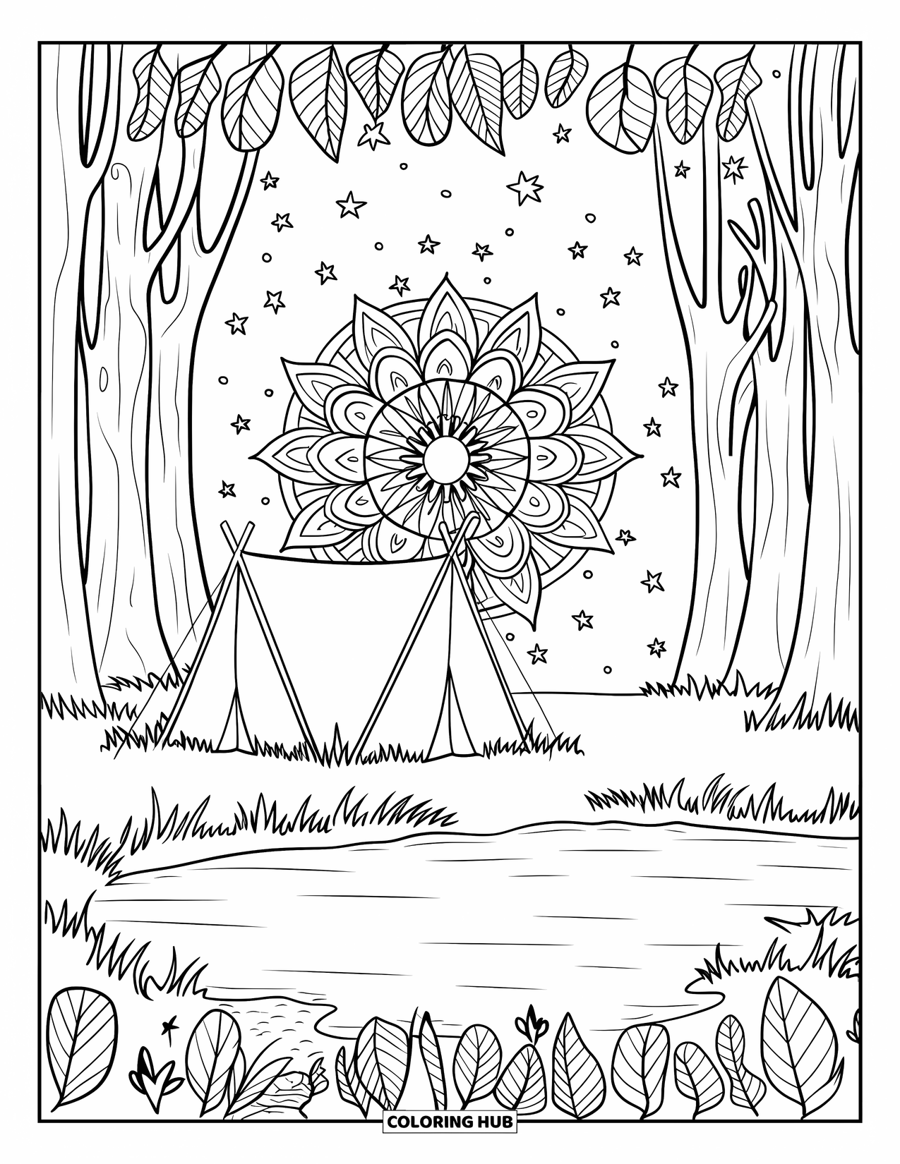 Summer Vacation Coloring Page for Adults: A lakeside tent under a mandala sky framed by flowers and trees