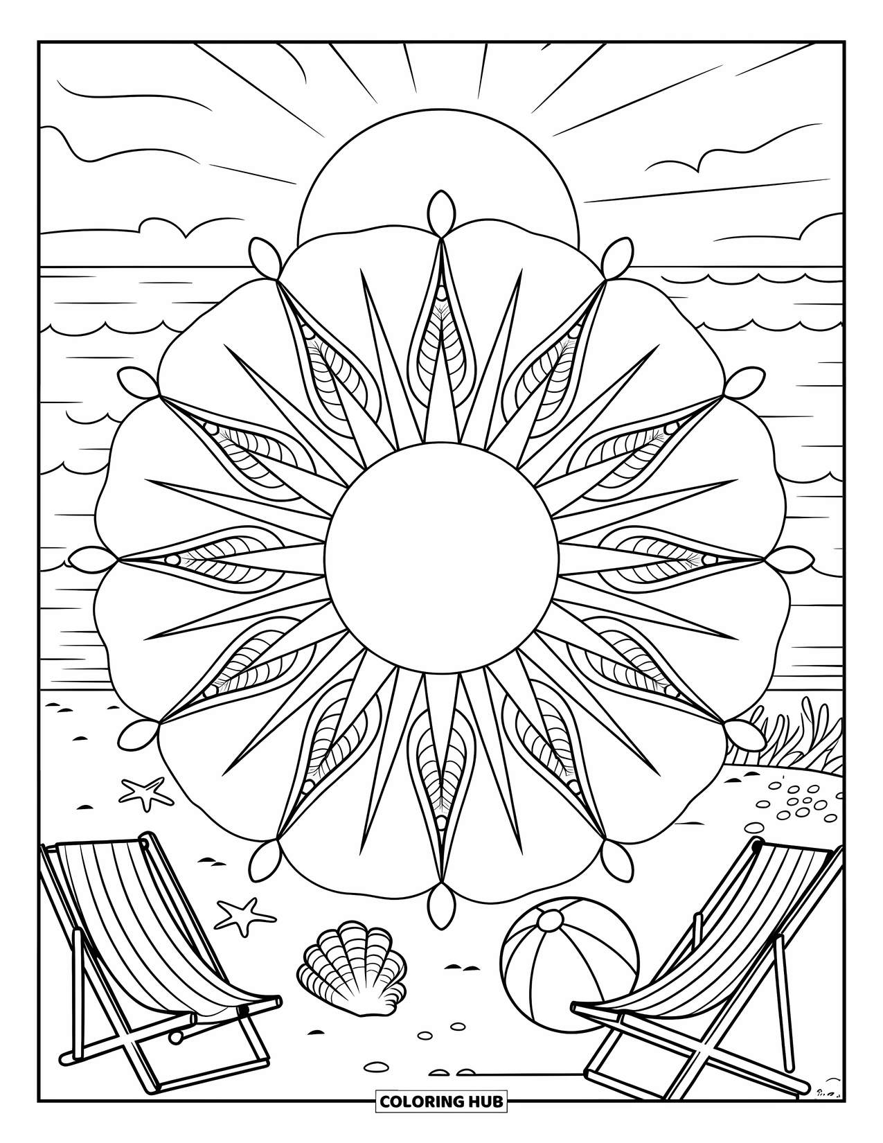 Summer Vacation Coloring Page for Adults: A mandala sun glows above seashells, chairs, and gentle ocean waves