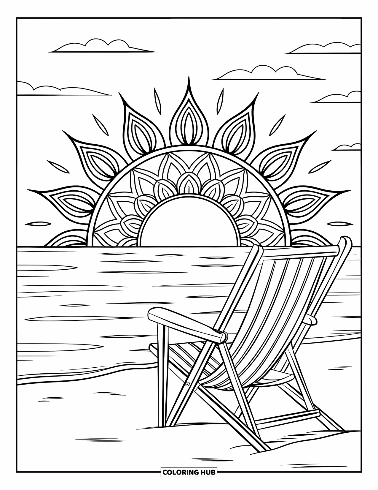 Summer Vacation Coloring Page for Adults: A mandala sun shines above a beach chair facing calm waves