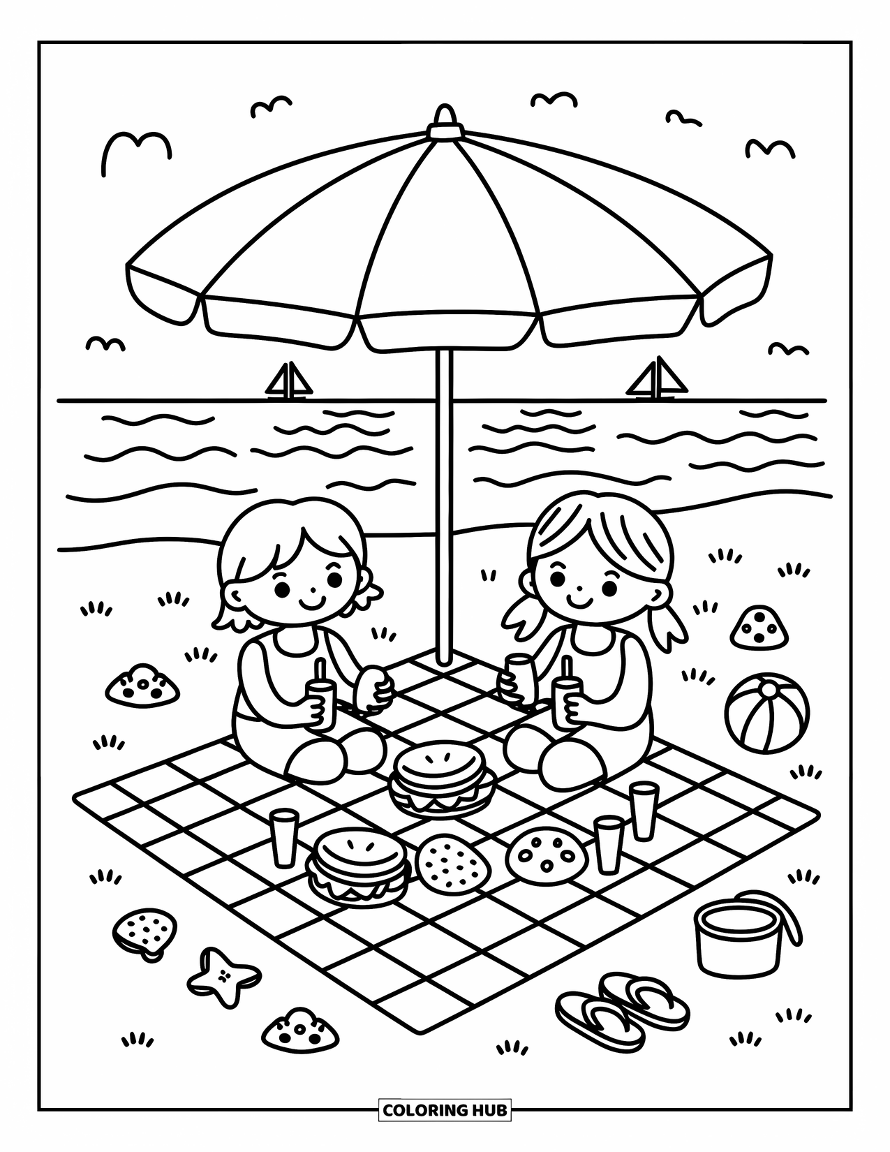 Summer Vacation Coloring Page for Adults: A seaside picnic with snacks, shells, and gentle waves in the distance
