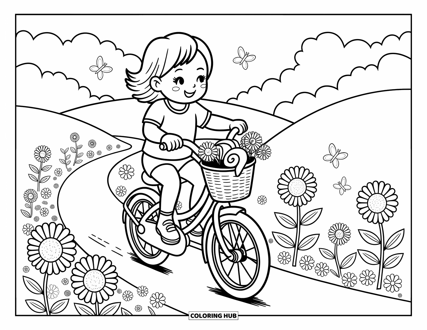 Summer Vacation Coloring Page for Adults: A smiling child rides through flower fields with butterflies swirling around