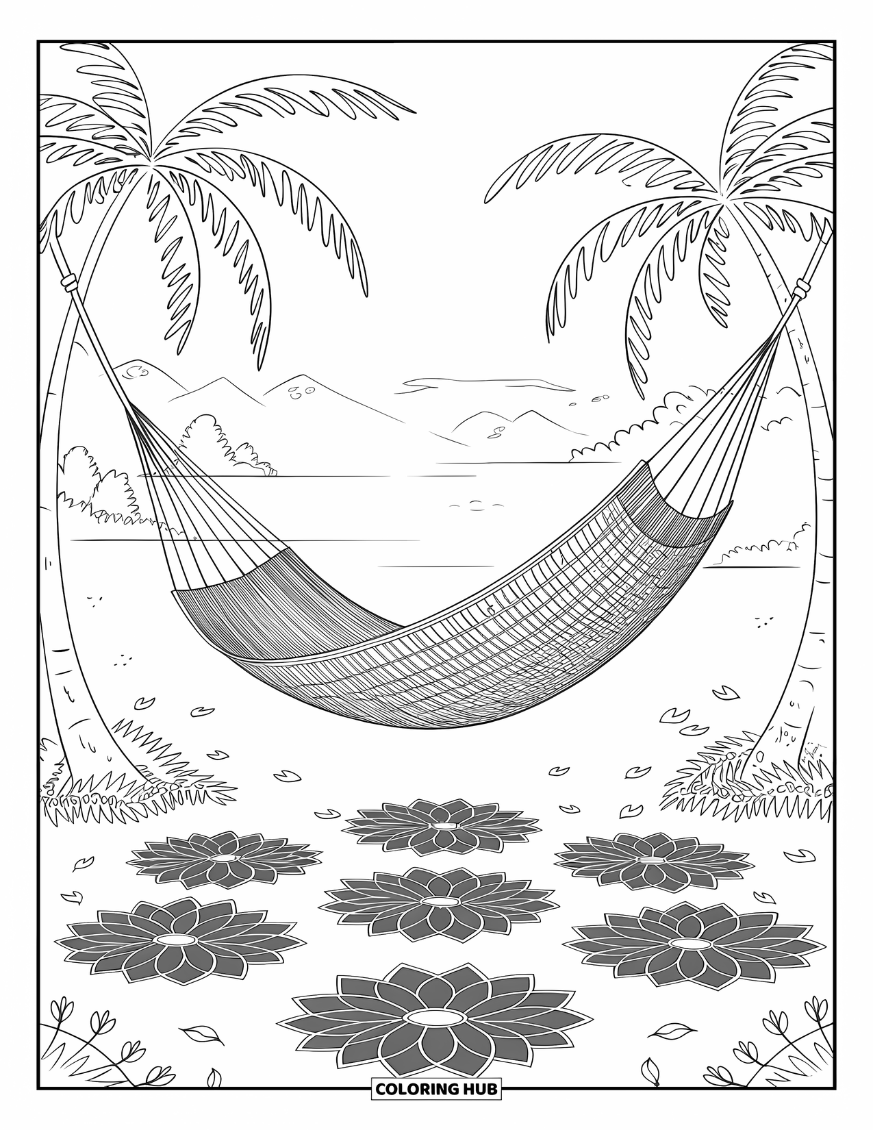 Summer Vacation Coloring Page for Adults: A swaying hammock between palms surrounded by mandala petals