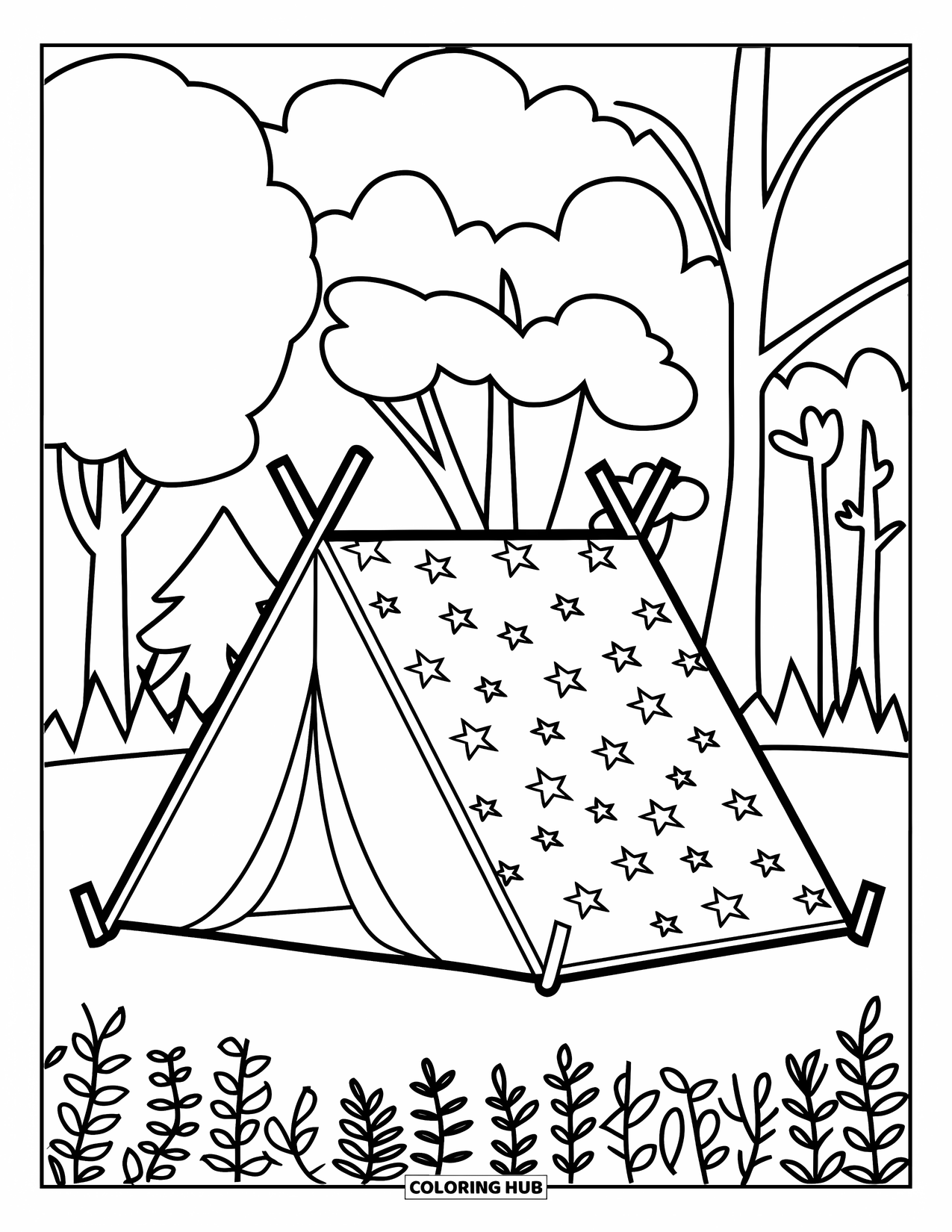 Summer Vacation Coloring Page for Adults: A tent with starry fabric rests among tall trees and leaves